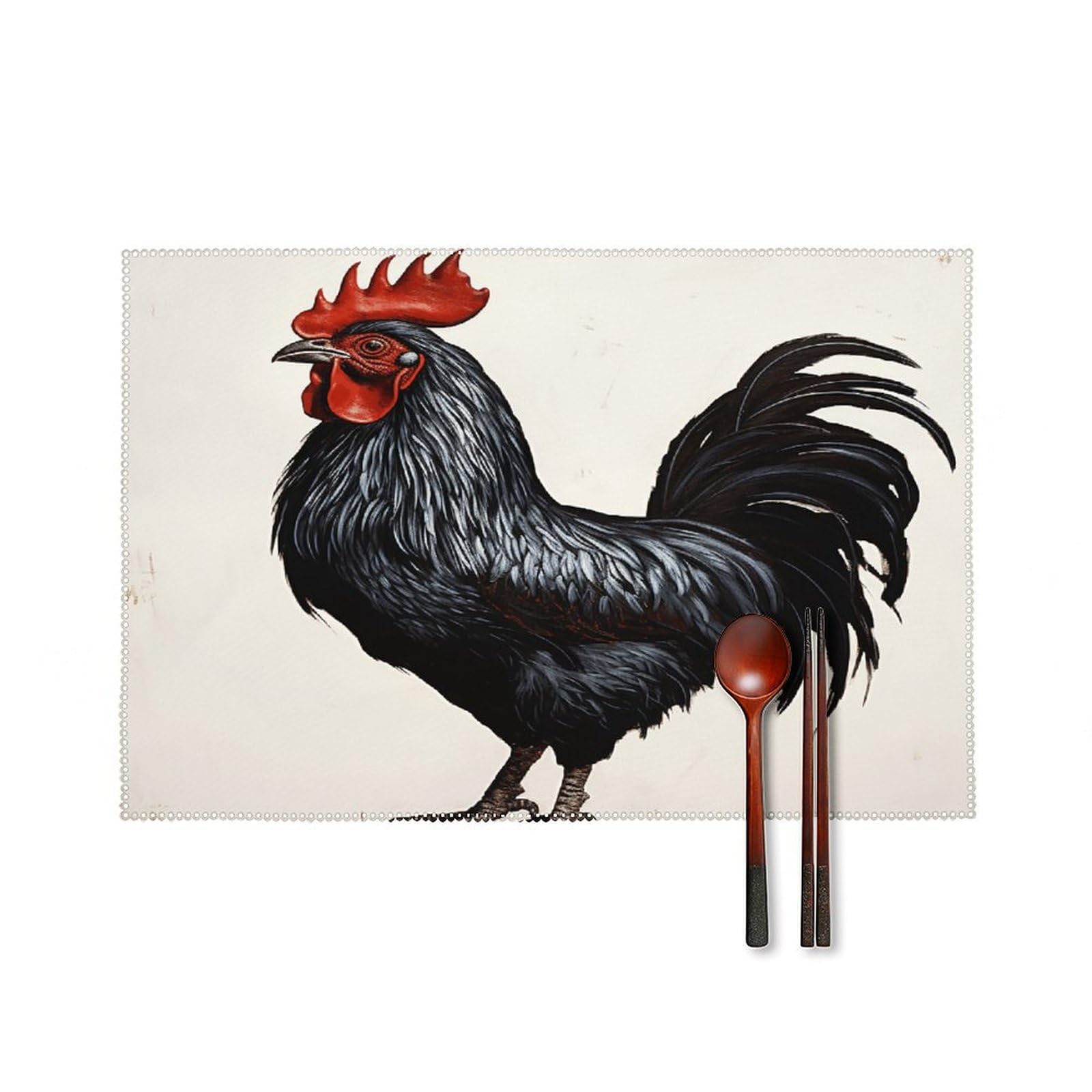 Black Rooster Placemats Set of 4 Non-Slip Heat Resistant Table Mats Canvas Washable Cloth Place Mats Easy to Clean Premium Placemat for Kitchen Dining Table Decoration