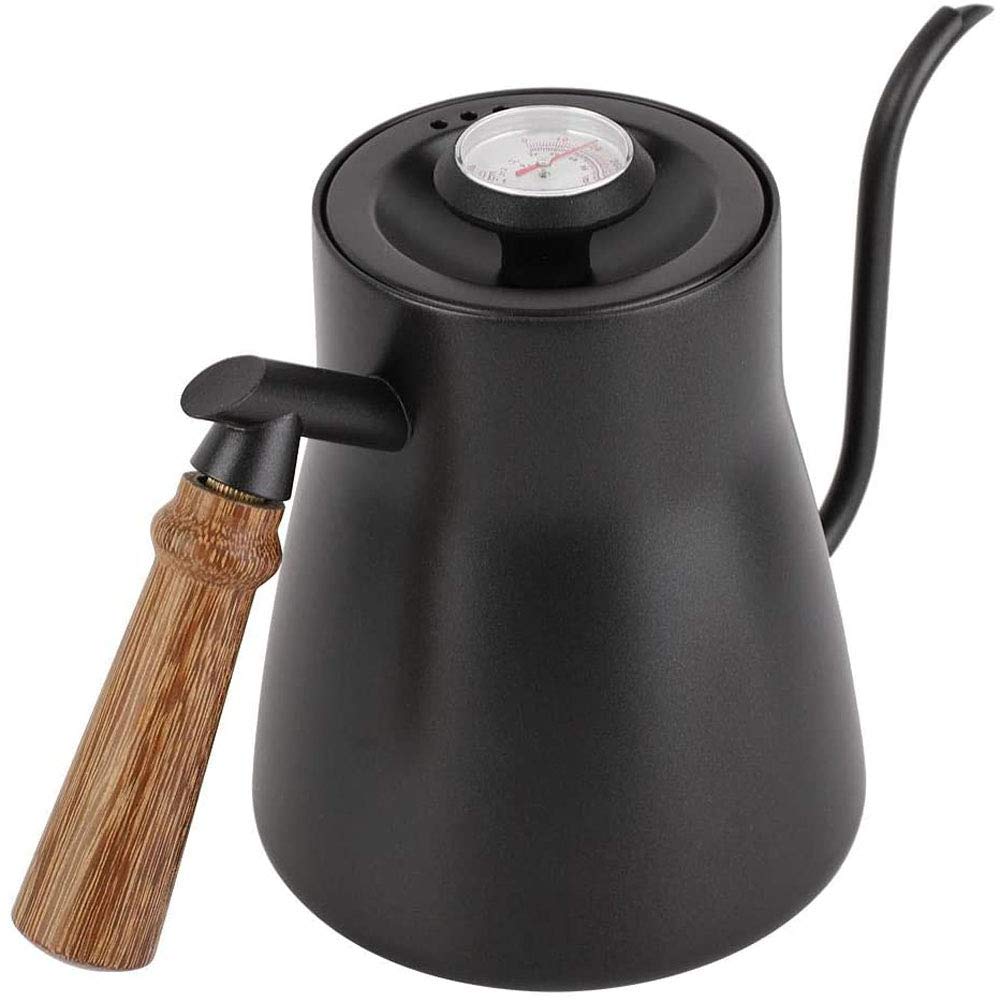 POEFT Czajnik do kawy 850ML/28oz z wbudowanym termometrem ze stali nierdzewnej z gęsią szyją, długa wąska wylewka, dzbanek do kawy z izolowanym drewnianym ergonomicznym uchwytem