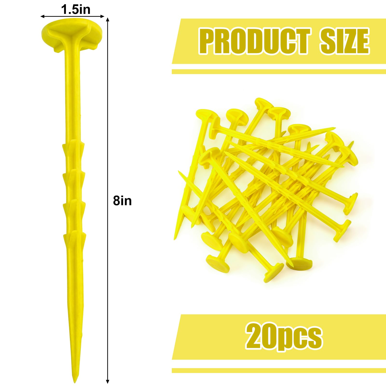 Nuanchu Lot de 20 piquets à profil bas de 20,3 cm - Haute visibilité - Pour patio, bordures de pelouse, jardins, pavés paysagers, bâches en tissu (jaune, 20,3 x 3,8 cm)