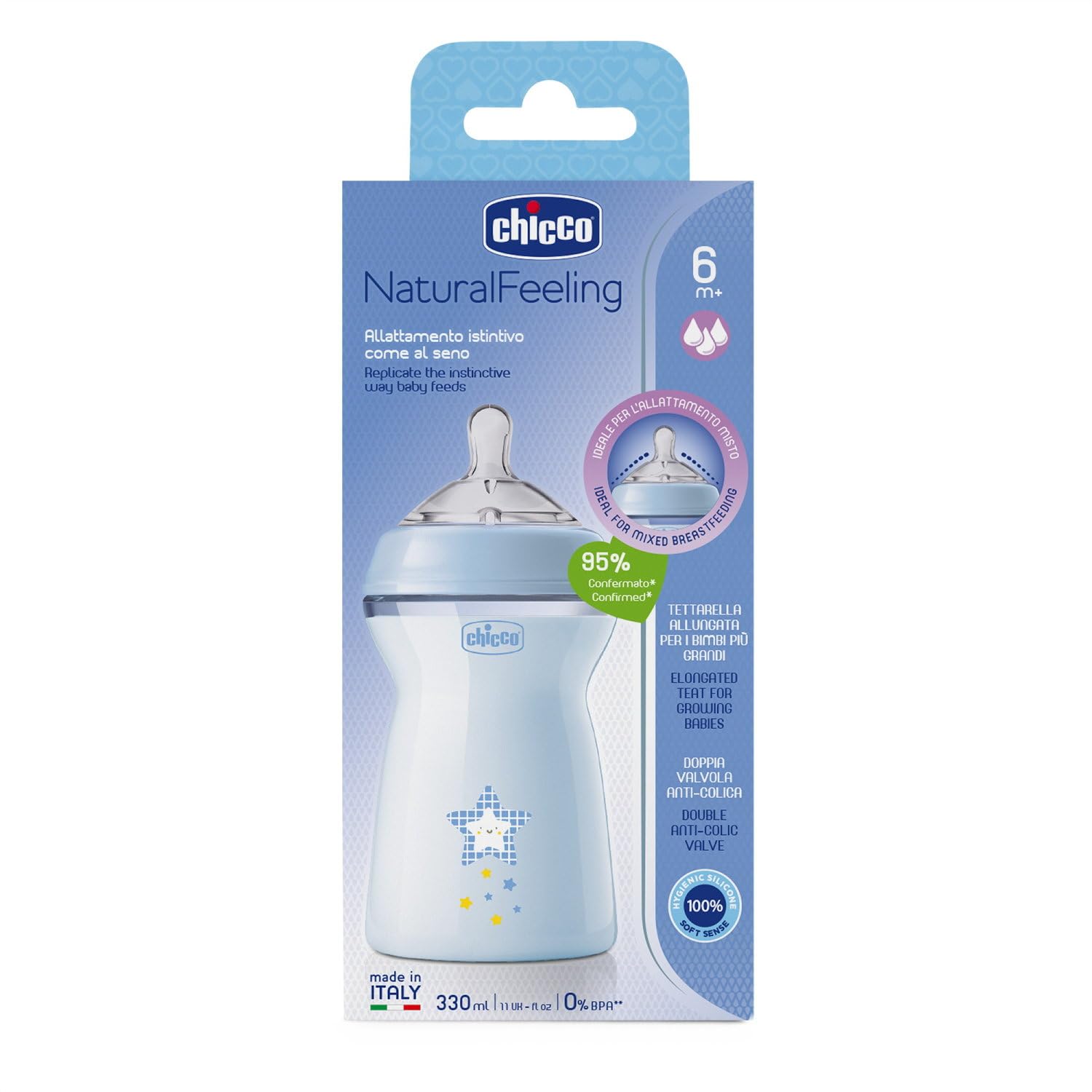 Chicco Biberón Anticolico Natural Feeling, Biberones Anticolicos Bebé 6 Meses+, Biberón Bebé 330 ml de Silicona, Flujo Rápido, Pack 2 Unidades, Azul y Neutro