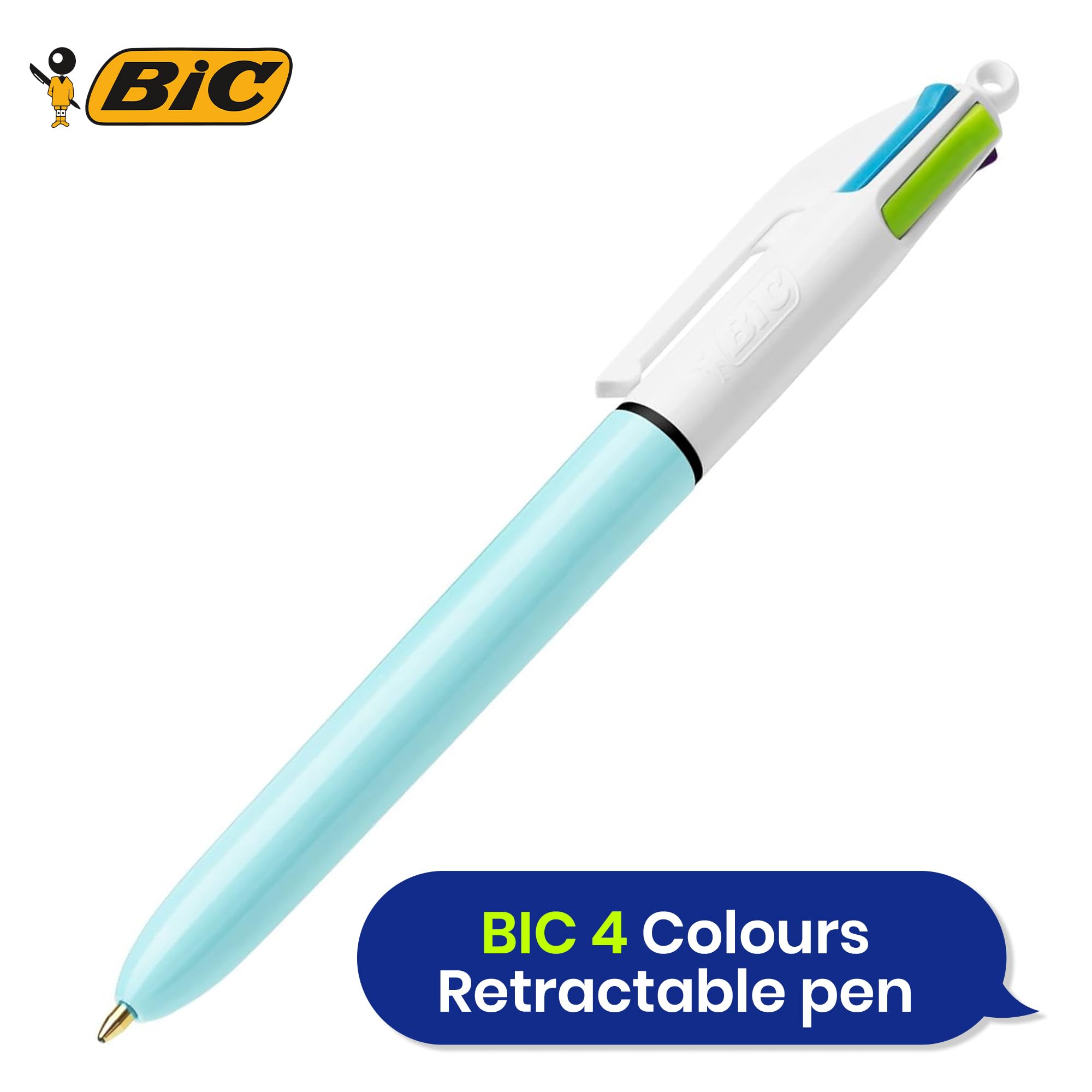 BIC Lot de 24 stylos amusants 4 couleurs avec corps en plastique de 1 mm, quatre couleurs d'encre en un pour écriture lisse, stylo multi-stylos 4 en un avec trou de clip et cordon pour étudiants et