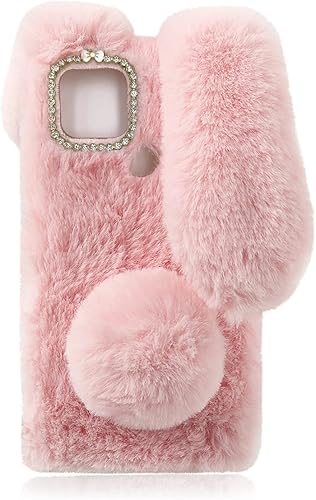 Mikikit Telefono - Funda mullida y esponjosa para teléfono 4A 5G Bunny 3D Peludo Kawaii Kid Regalo 3D de felpa de felpa suave de piel de conejo para