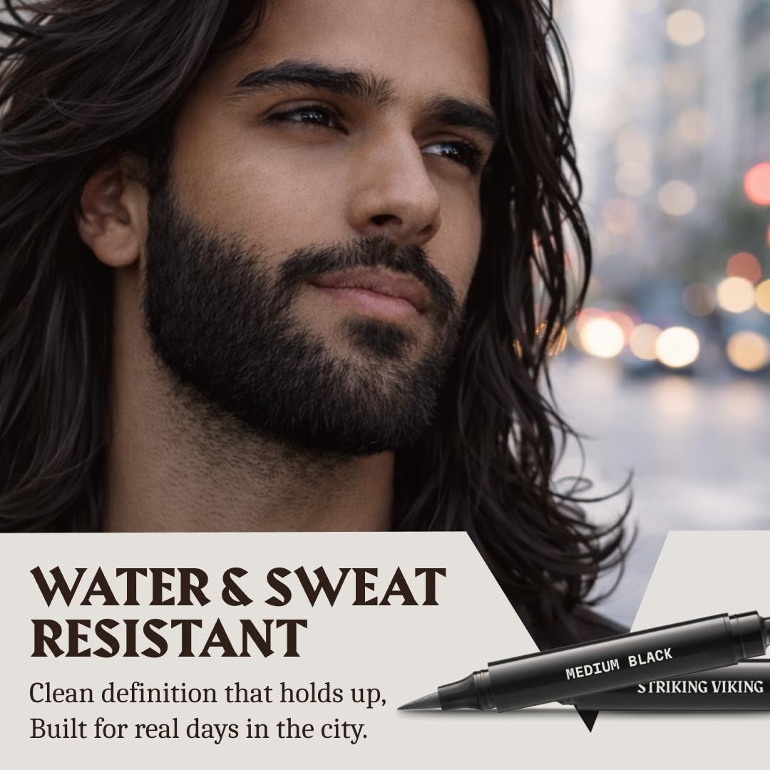 Striking Viking Beard Pencil Filler, nero medio – Set di matite da barba impermeabile, realistica e durevole con 2 penne e pennelli, migliora i peli del viso