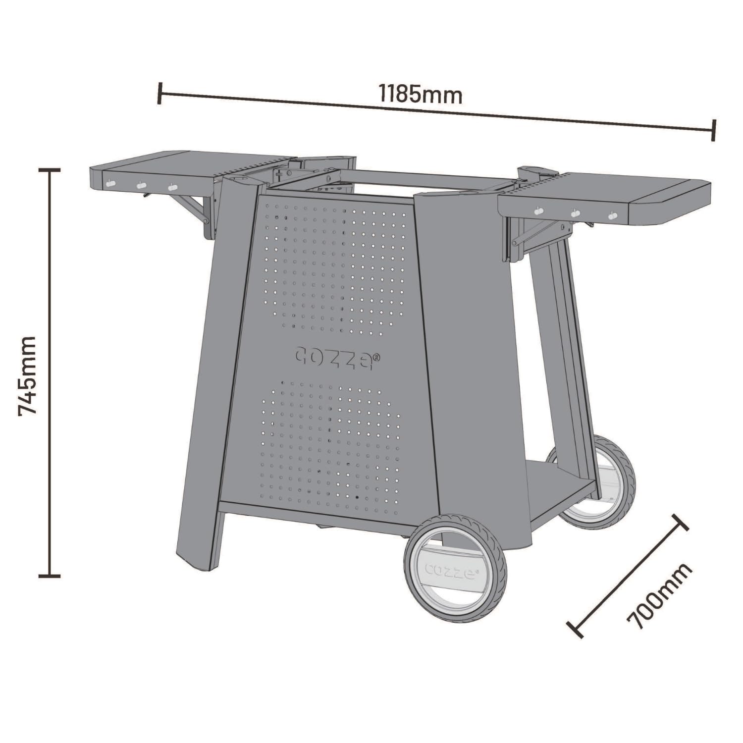 cozze® Carrello Premium per Serie 500 – Supporto per E-500/G-500/Plancha 500, tavolini laterali richiudibili, 6 ganci, carrello BBQ con ruote, nero