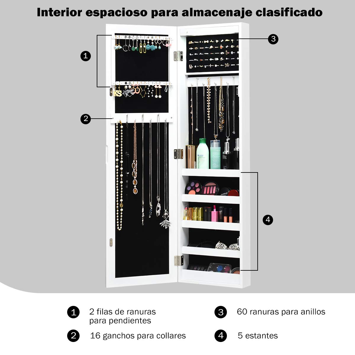 COSTWAY Espejo Joyero de Pared, Armario para Joyas con Espejo de Cuerpo Entero y Tira de luz LED, Armario Joyero Interior Montado en Pared/Puerta, Organizador de Almacenamiento para Pendiente