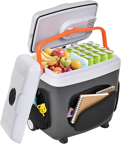 Enfriador y calentador eléctrico de 32 cuartos de galón (30L) con bolsillos, divisor de bolsa de hielo, tapa extraíble, mango de bloqueo, ruedas,