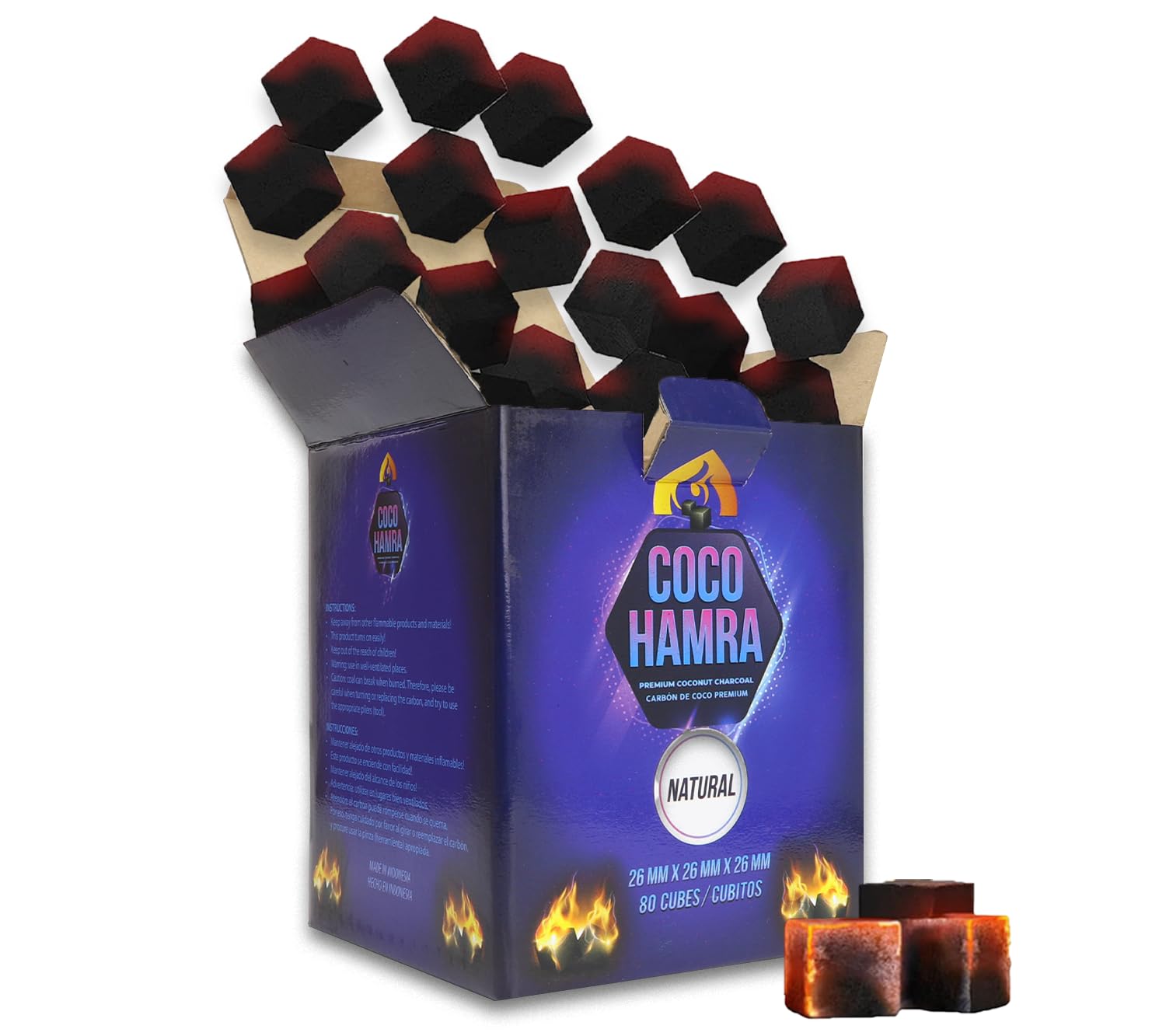Premium Quality 100% Natural Hookah Coconut Charcoal Cube 26mm: Large 80 Cubes Shisha Nargile Cols 1.25 Kilo
