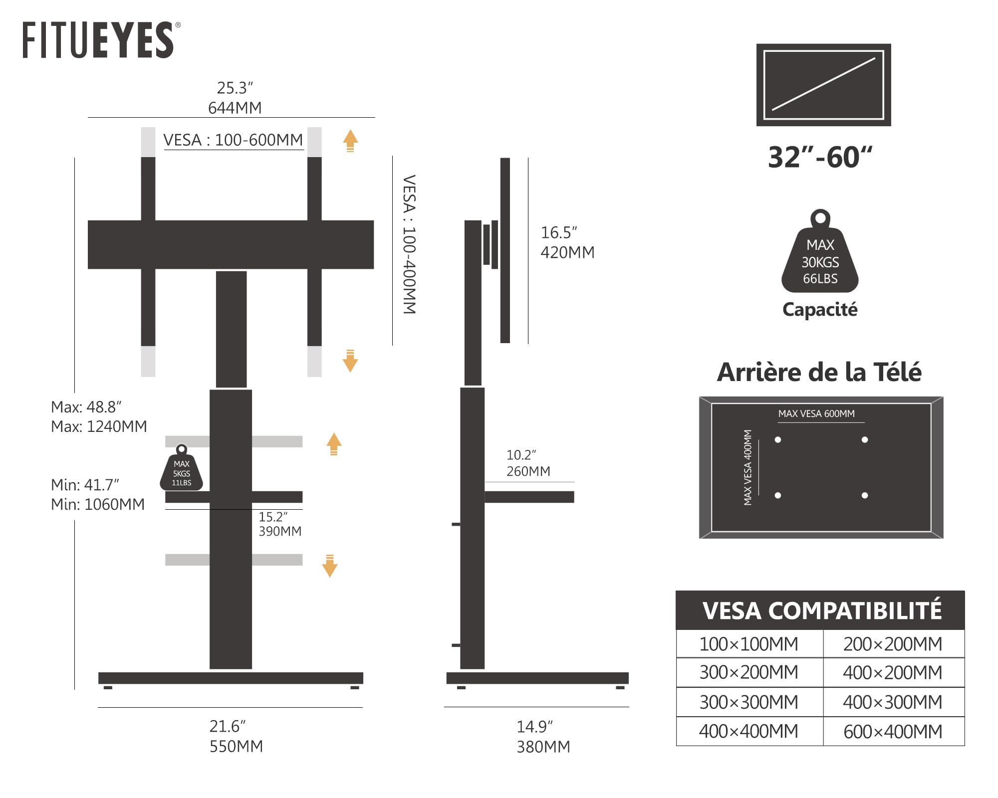 FITUEYES Support TV sur Pied pour TV de 32 à 60 Pouces, avec étagères réglables, Pied TV Réglable en Hauteur jusqu'à 30 kg Max VESA 600 x 400 mm, Blanc