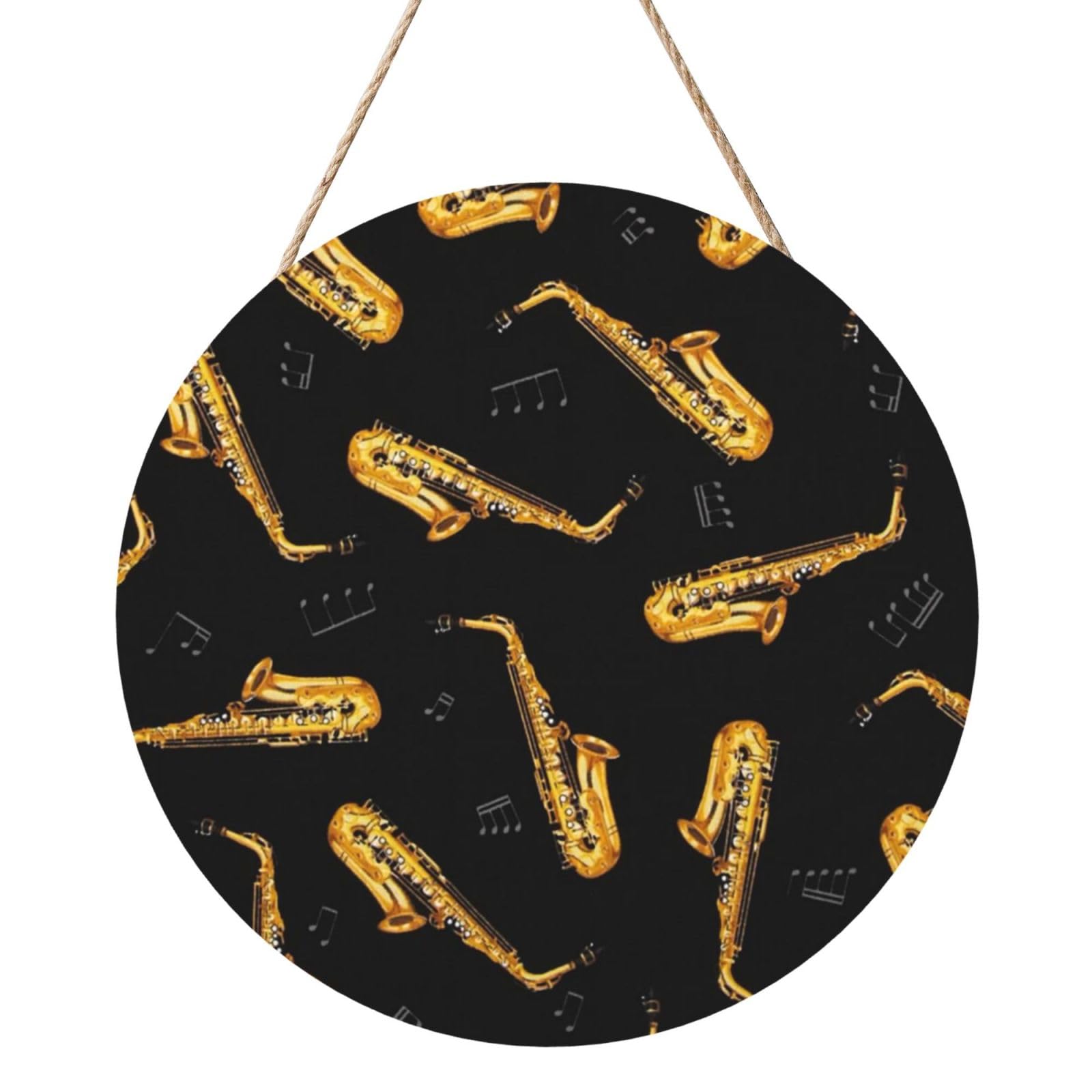 InOmak Saxophone And Music, Round Wood Panel Painting 12 in, Wall Hanging Painting For Home