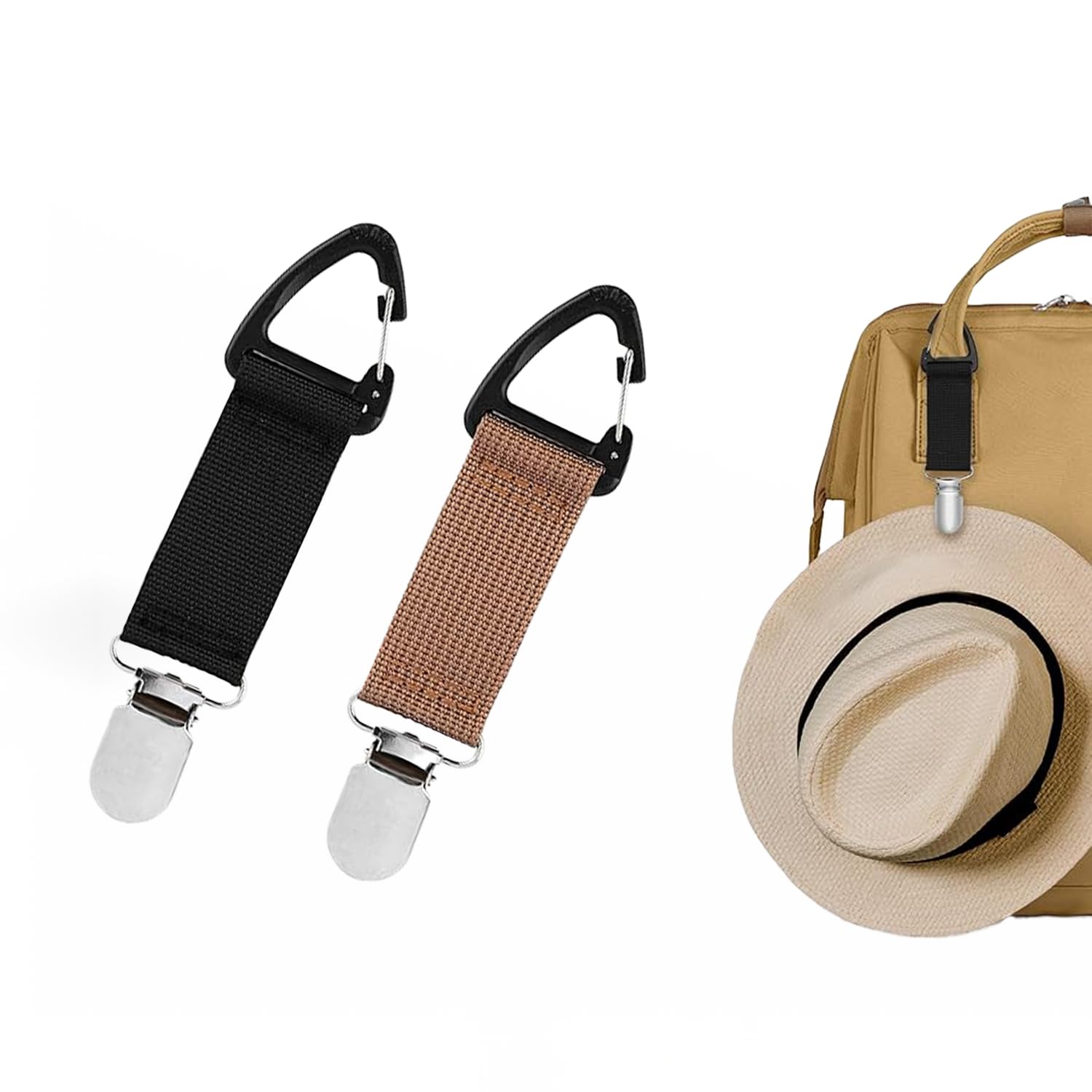Goedeke Black&Khaki 2Pcs Hat Clips For Travel On Bag, Hat Bag Clip For Traveling Bags Backpacks Purses Luggage Outdoor Travel Accessory (Black&Khaki)