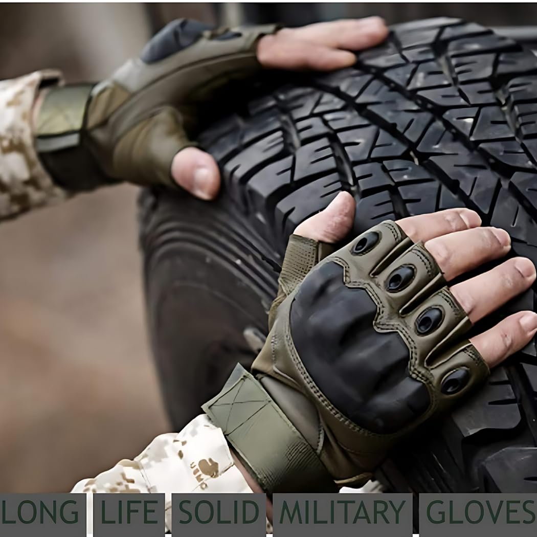 Shopfleet Half Finger Gloves Men's Army Military Combat Hunting Shooting Airsoft Military Duty-Fingerless Black Color, Nylon, Cotton, Microfiber (Green) 2