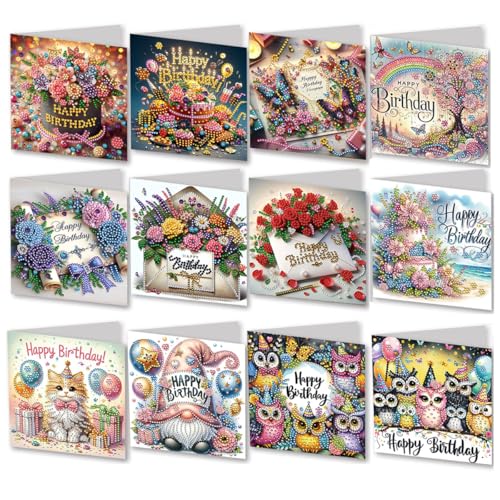 LFSX0828 12 Pcs DIY Diamond Painting Card Kit with Envelope Diamond Art Birthday Cards for Adults Art Crafts Kit Creative Gift (Owl)