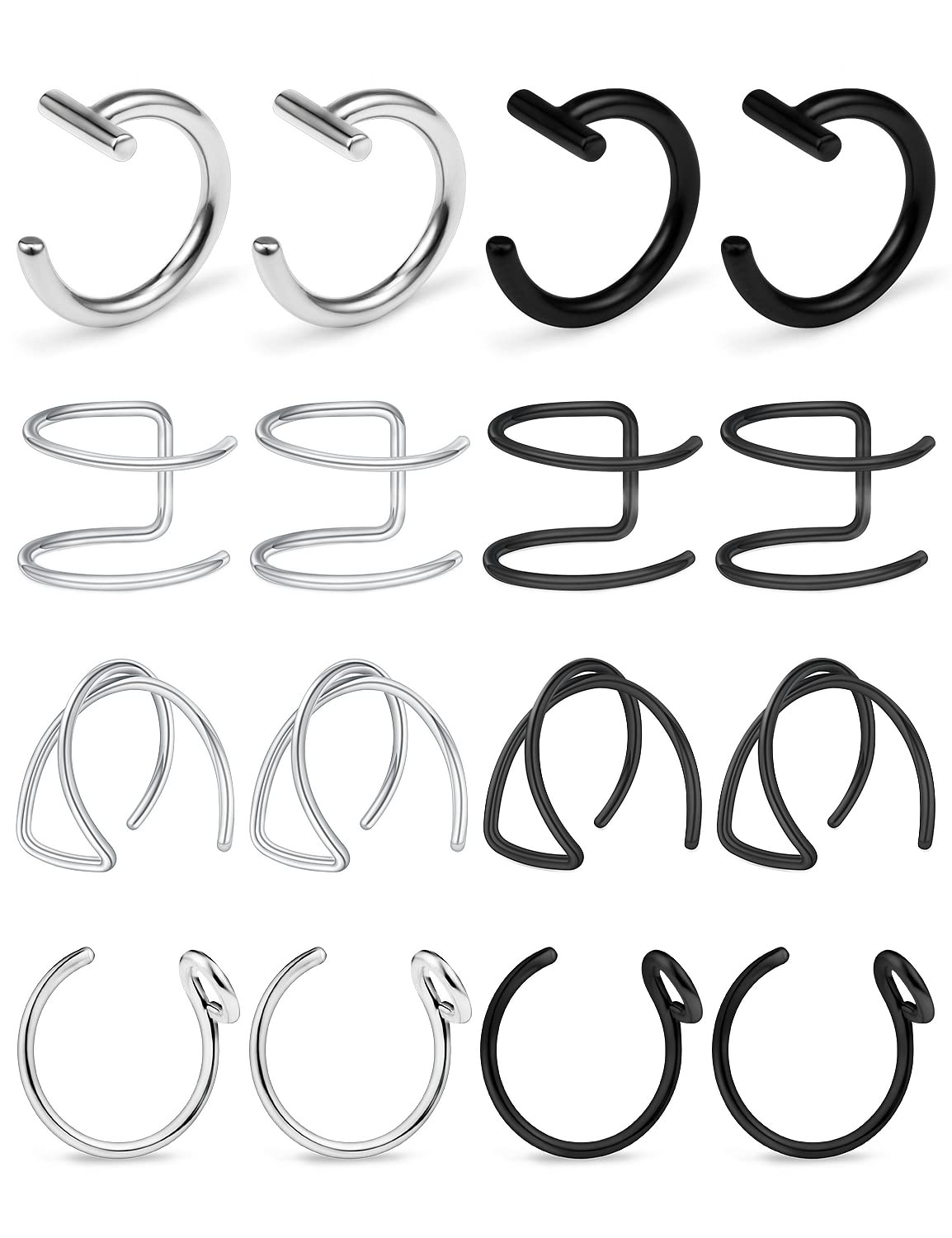 Fake Lip Rings T Shaped Stainless Steel Gothic Clip on Non Piercing Nose Ring Double Cartilage Helix Earrings Ear Cuff for Women Men-image-33