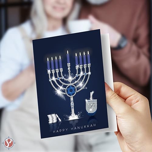 Miniatura 4 de Juego de tarjetas de felicitación de Happy Hanukkah con sobres, elegante menorá azul, Dreidel y monedas plateadas para fiestas religiosas judías