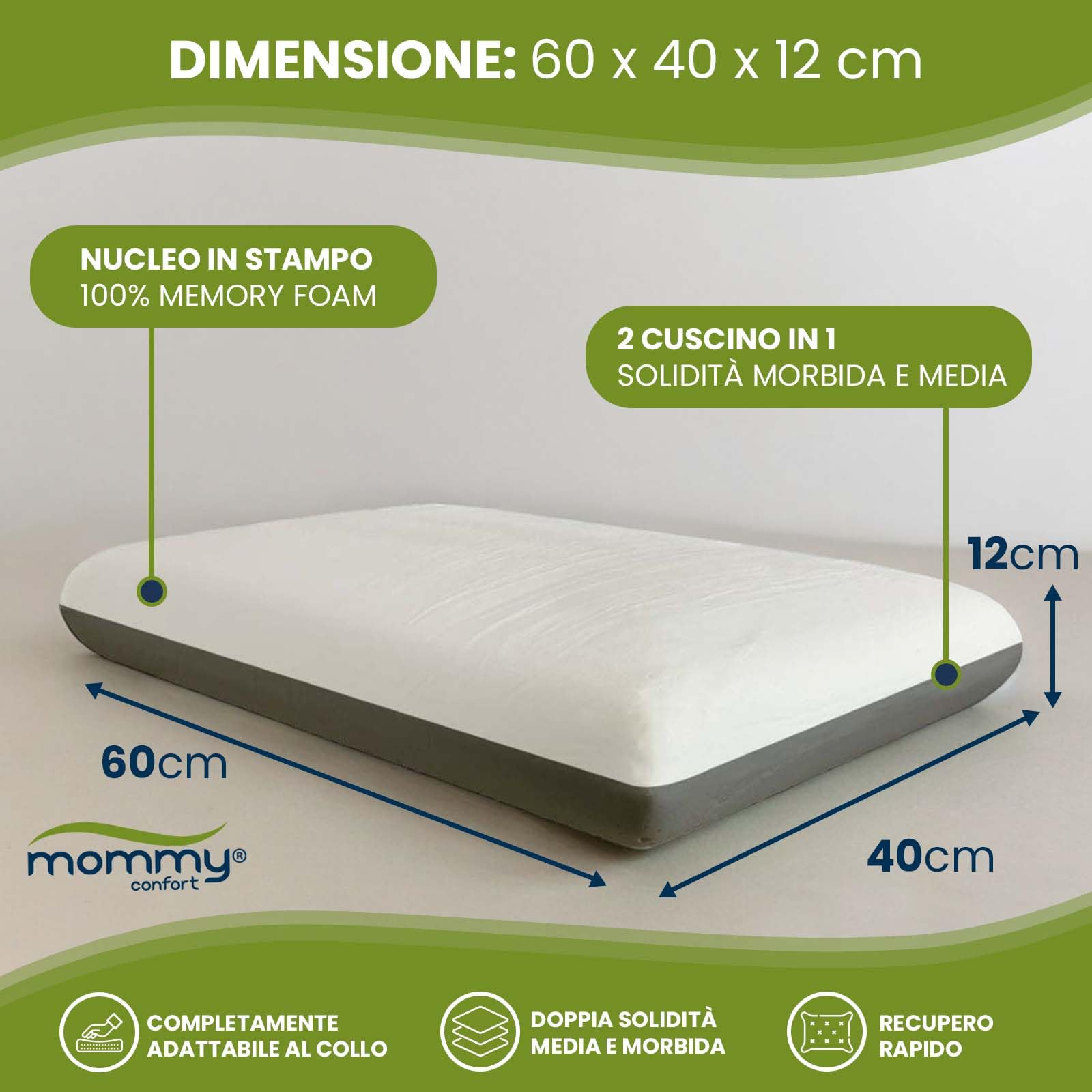 Cuscino Memory Foam 60X40 Premium Doppia Densità Lato Bianco Morbido Lato Grigio Medio Fodera In Bambù Lavabile Con Cerniera Copertura Interna Prodotto In Europa Certificato
