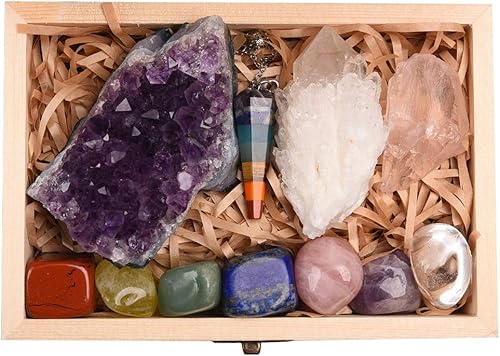 AITELEI Juego de 11 cristales curativos, kit de piedras de chakra en caja de regalo, amatista natural, racimo de cuarzo de cristal mineral, piedras
