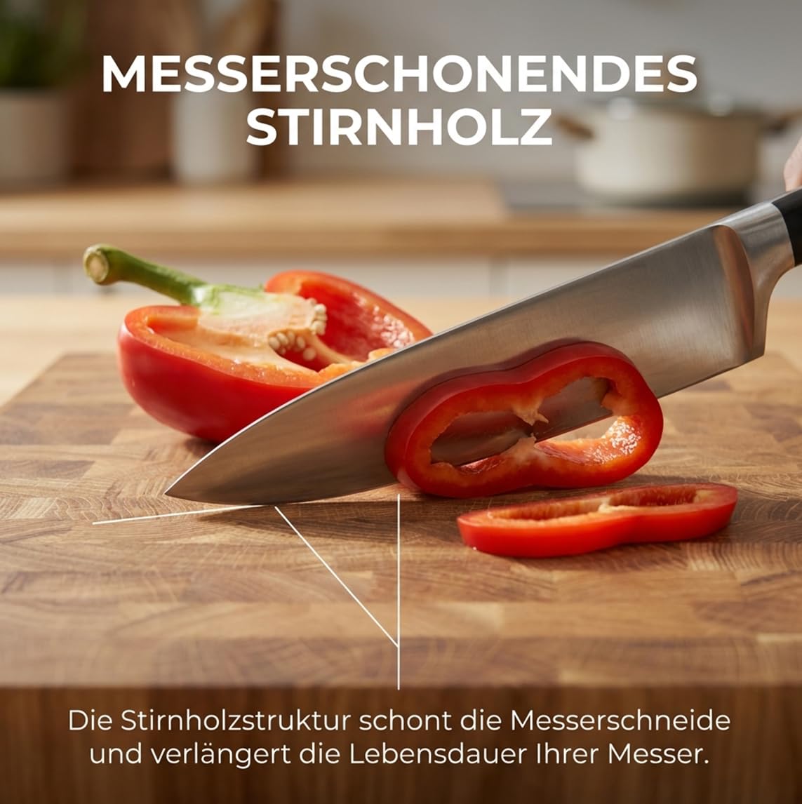 Stirnholz Schneidebrett aus Eiche 40x30x4 cm – Massives Holz Schneidebrett, Hackblock Küche, Messerschonend, Extra Stabil, Beidseitig Nutzbar