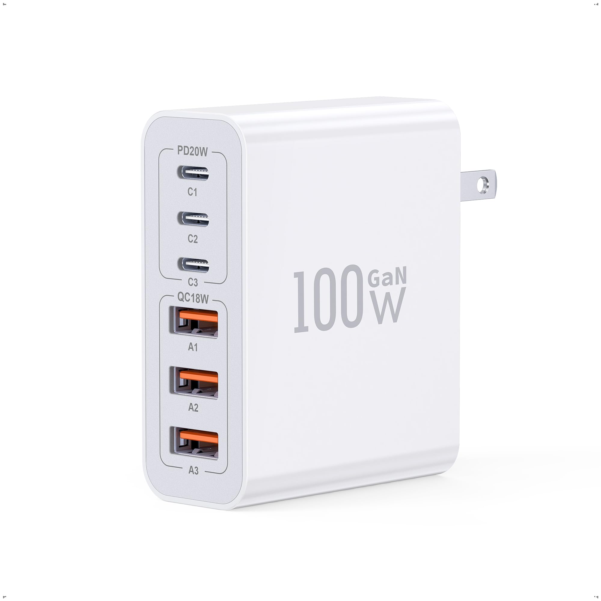 USB C Wall Charger, 100W 6-Port PD Fast USB C Charging Block,3USB C+3USB A Charging Station Hub Block Power Strip Adapter Plug Cube Brick for iPhone 15/14/13/12/11/Pro Max,iPad,MacBook,Samsung,Tablet