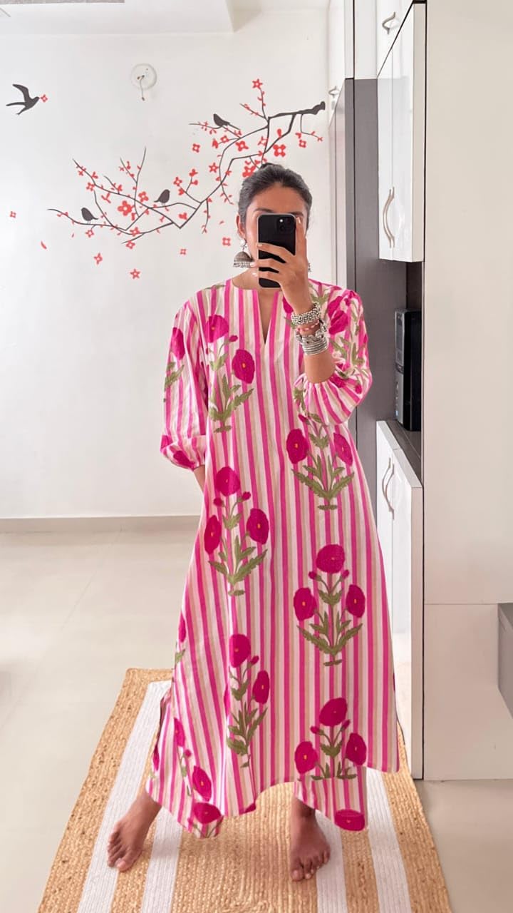 BIRDY EXPORT Women's Cotton Floral Linning Notch Neck A-Line Kurta Pant Co-ord Set for Office and Casual Wear (Pink-M) 4