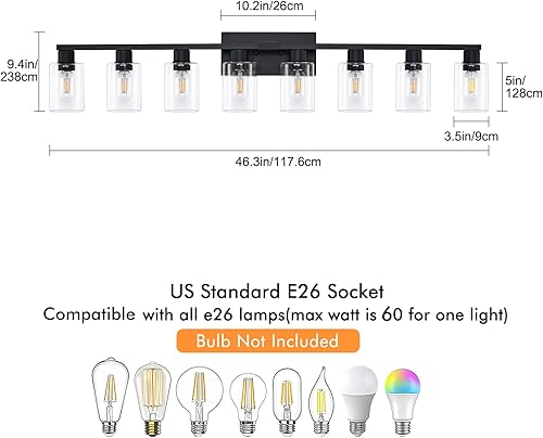 Miniatura 3 de Lámpara de tocador de baño de 8 luces, luces negras de tocador de baño con pantalla de vidrio transparente resistente, 8 bombillas grandes
