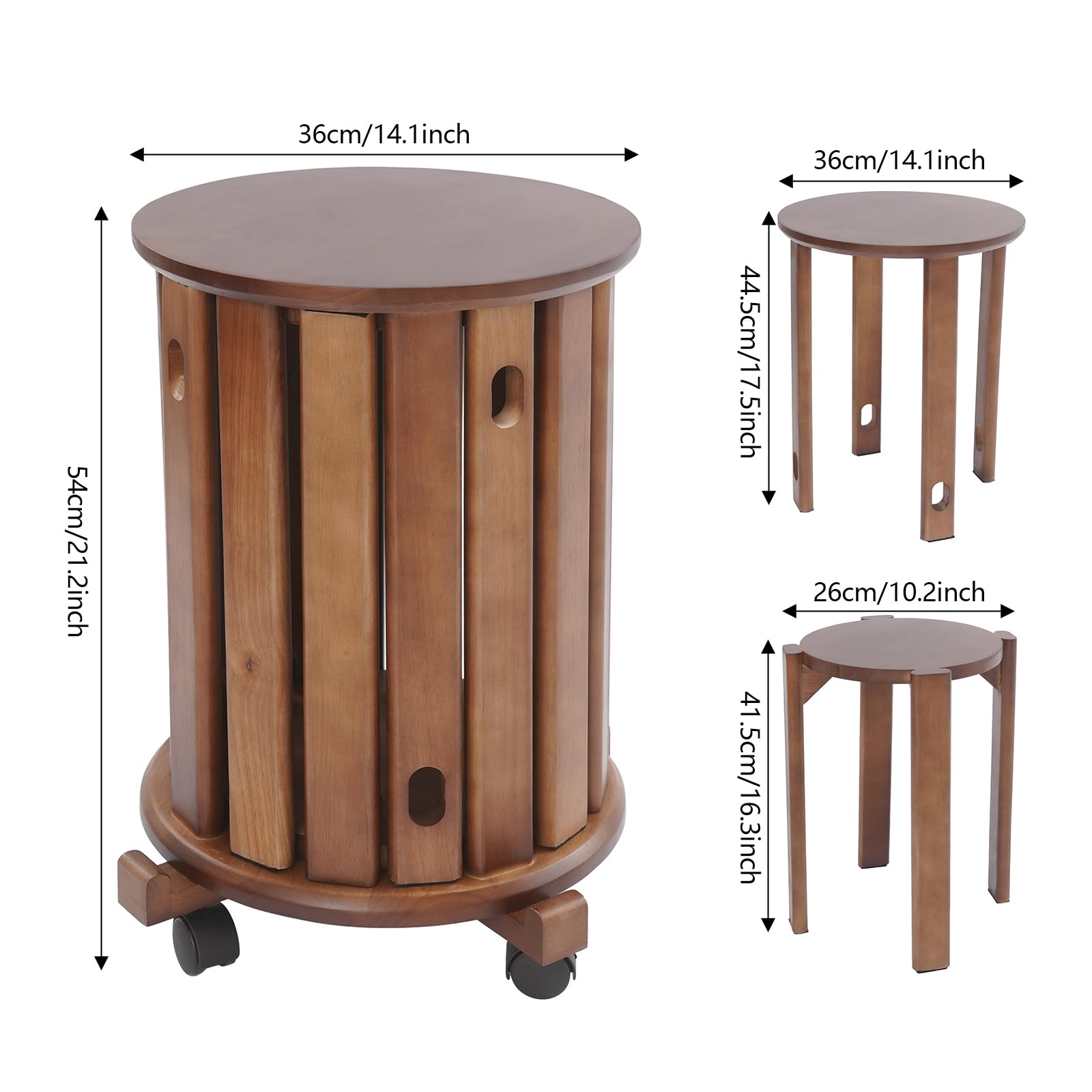 Set di 4 sgabelli impilabili in legno con ruote, per sala da pranzo, comodino rotondo, sgabello da balcone, per cucina, camera da letto, soggiorno (colore noce)