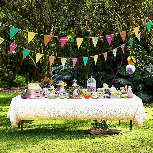 4 Packs Plastic Tablecloths Party Table Cloth White and Gold Dots Confetti Rectangular Table Cover for Weddings Birthday Halloween Christmas, 107.87in*53.94in