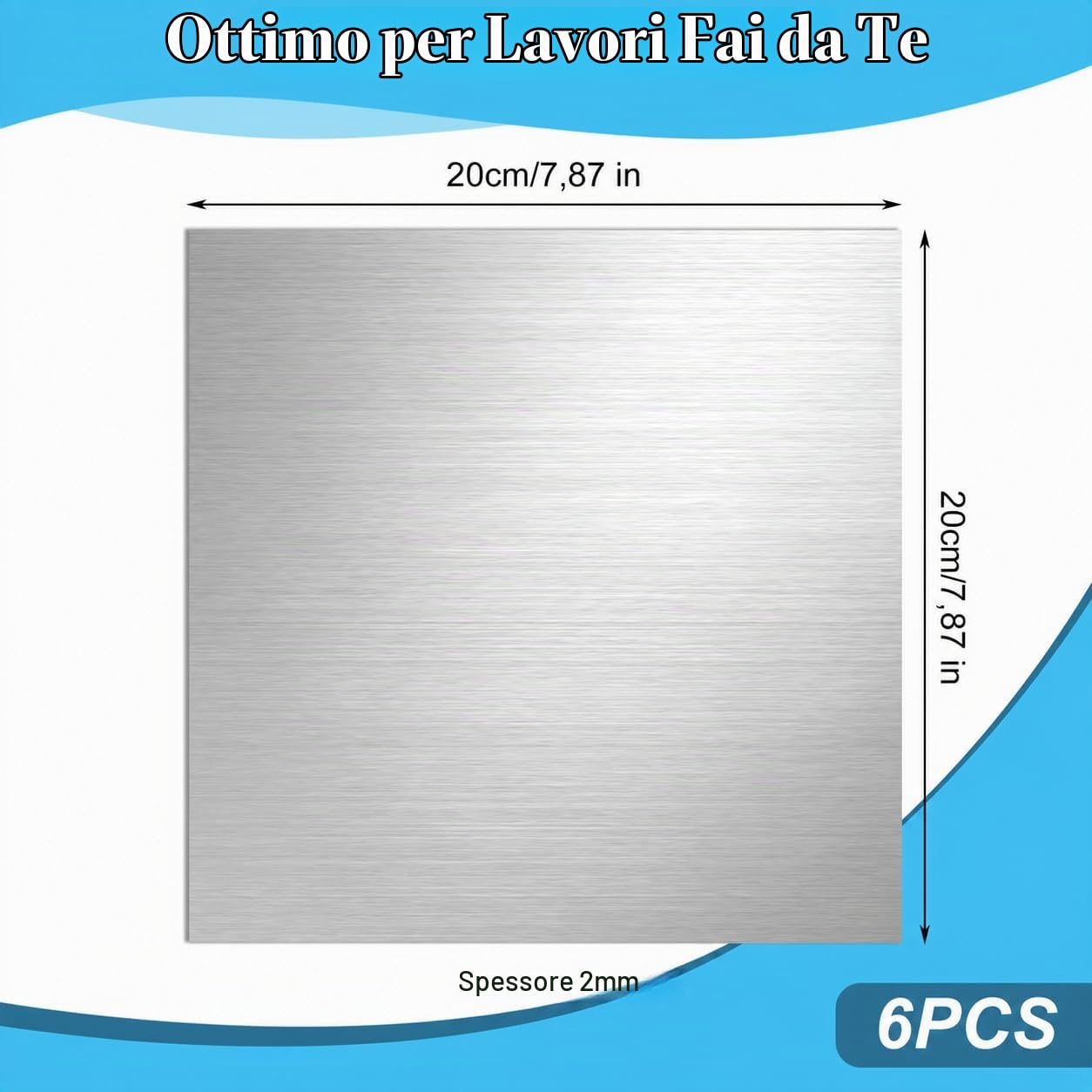 Confezione da 6 lastre in alluminio da 2 mm, 6061, 200 x 200 mm (20 x 20 cm), piastre piatte in alluminio con pellicola protettiva