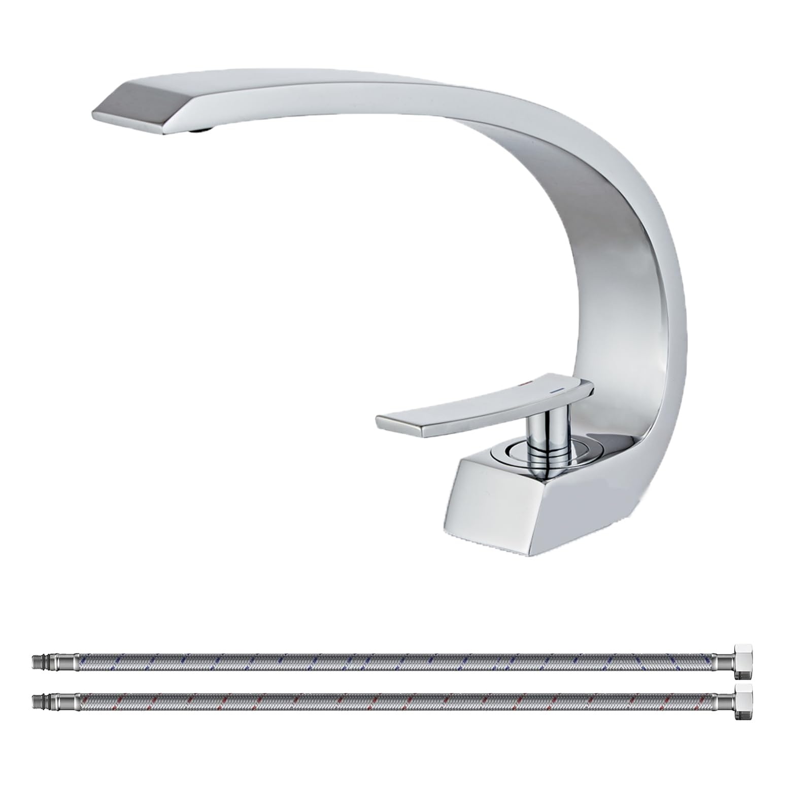 Robinet d'évier de salle de bain en chrome avec tuyau d'alimentation, robinet de lavabo monotrou à conception unique, mitigeur de lavabo