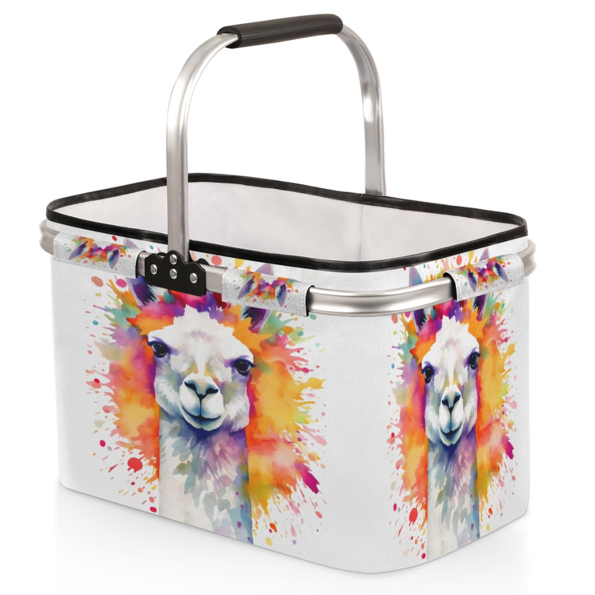 Skonsati Cute Llama Folding Picnic Basket Large Reusable Shopping Basket Collapsible Grocery Tote Bag with Handle & Aluminum Frame for Picnic Beach Pool Festival