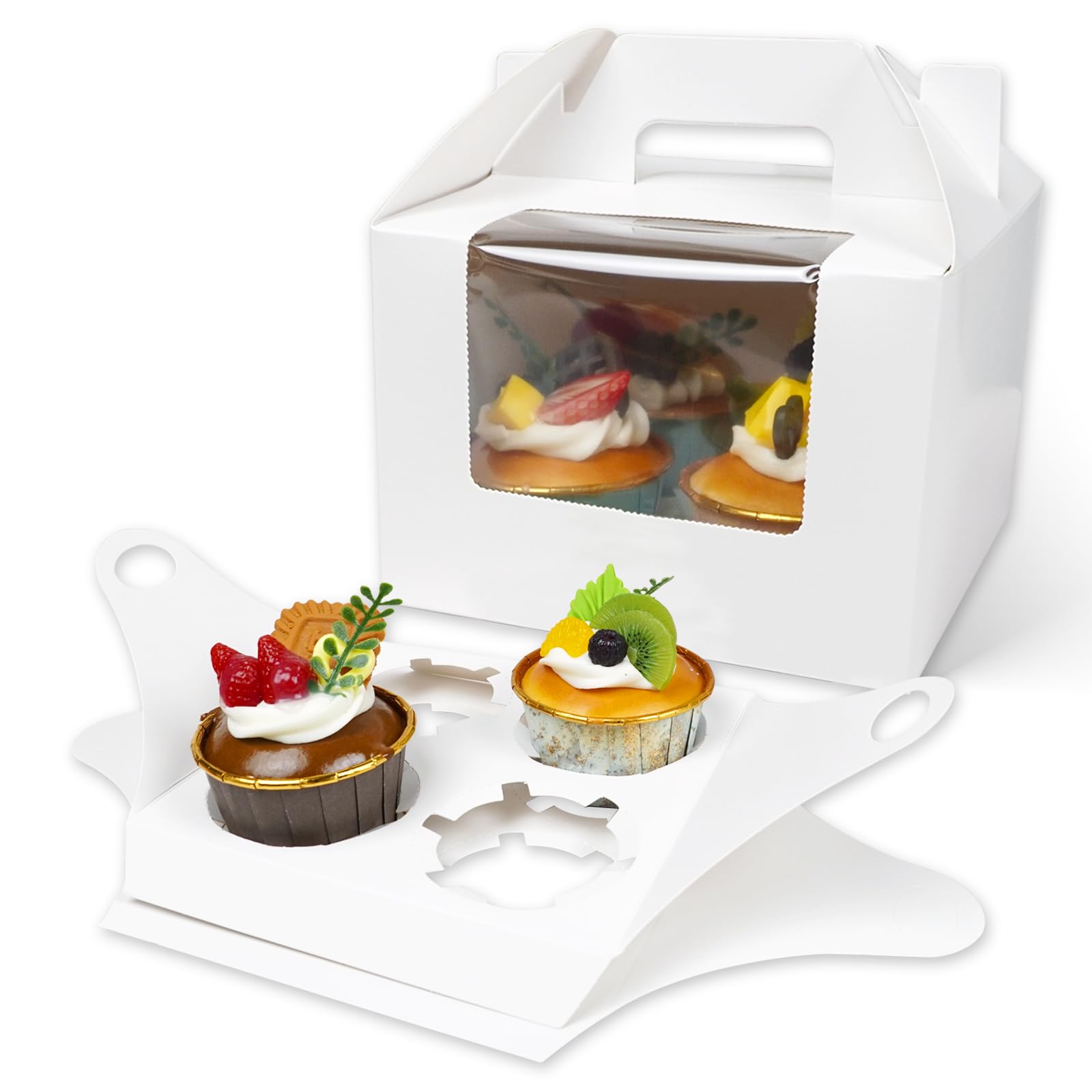 25 Pcs Cupcake Boxes, White Kraft 4-Cavity Cupcake Holders with Inserts and Window, 4 Treat Holder Cupcake Containers for Muffins Cocoa Bombs Packaging Togo Boxes Birthdays Showers Party Favors