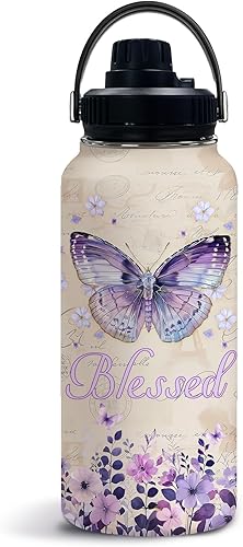 Miniatura 1 de Regalos cristianos para mujeres, botella de agua de mariposa morada con tapa para niñas de 32 onzas, regalos inspiradores basados en la fe para