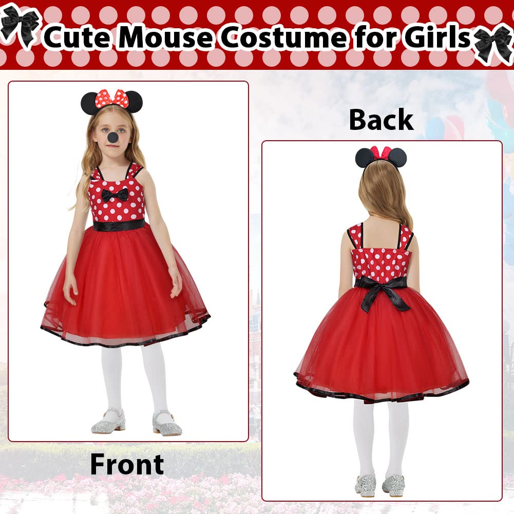 ACWOO Ragazza Minnie Pois Abito da Principessa Costumes, 4 Pezzi Vestito Minnie Bambina con Naso, Fascia per Orecchie, Coda, Vestito Bambina per Cosplay, Carnevali, Halloween, Natale