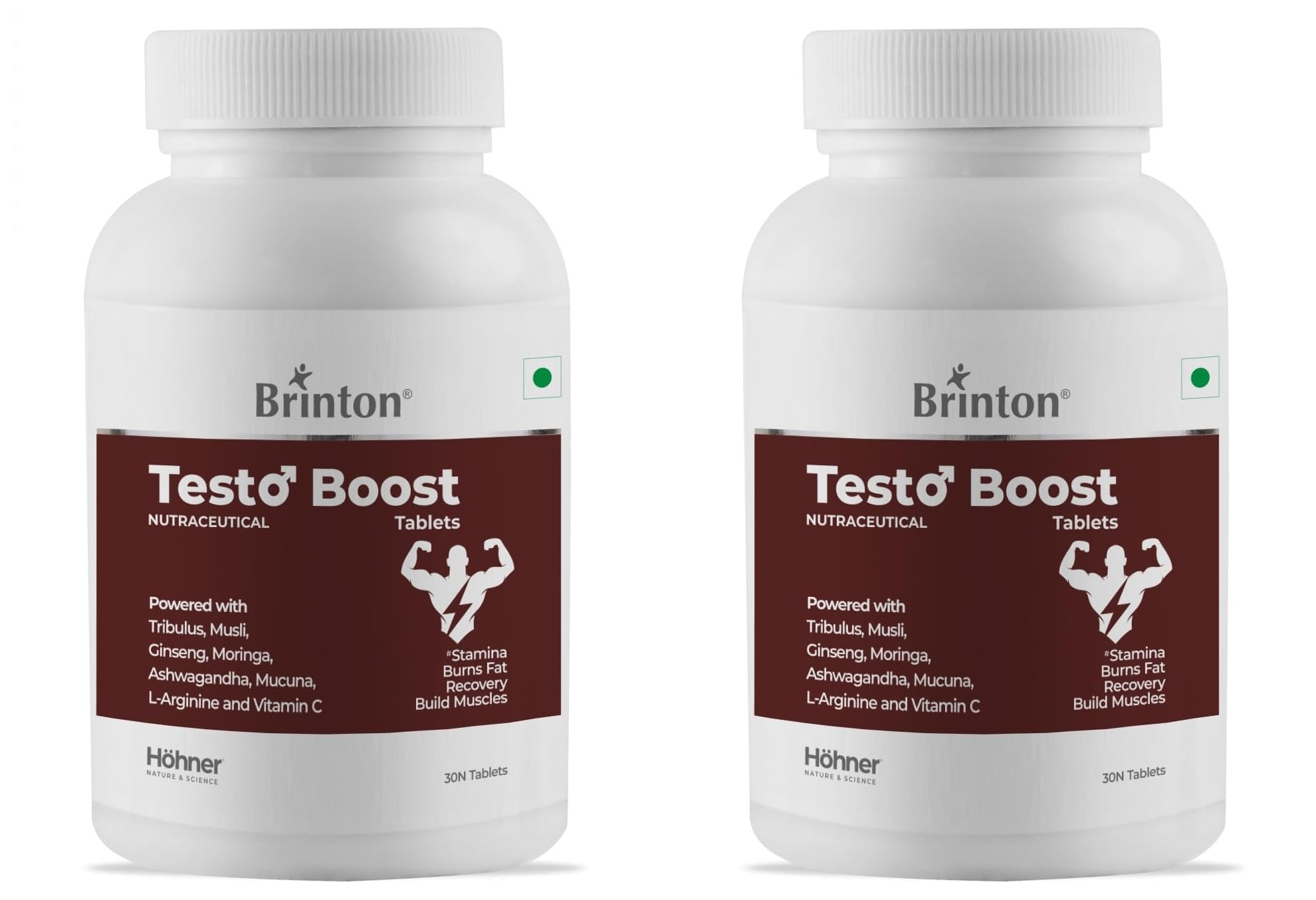 Brinton Testo Boost Tablet Powered with Tribulus, Musli, Ginseng, Moringa, Ashwandha, Mucuna, L-Arginine and Vitamin C - 30 Tablets x Pack of 2