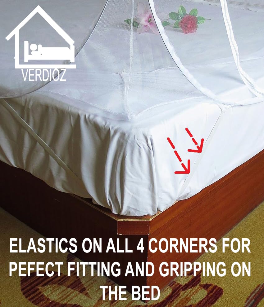 Image of VERDIOZ WITH DEVICE Double Bed Mosquito Net Machardani, King Size Mosquito Net Adult | Kids | Baby | Corrosion Free Steel Wire, 30 GSM Bright White Net with Saviour Kit -(Grey Zipper, White Lace)