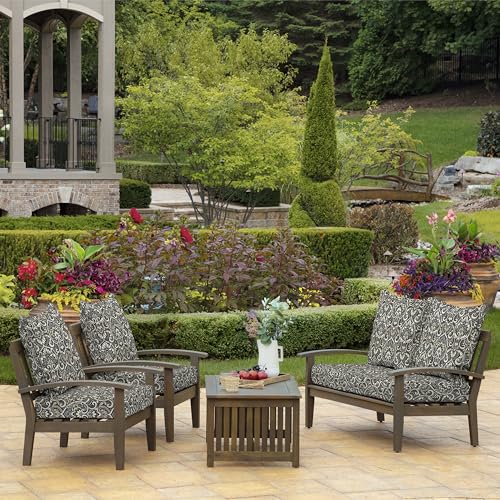 Image of Arden Outdoor Deep Seat Cushion Set, 4-Pack, 22x24, Black Damask | Sofa, Couch, Conversation Set, Weather-Proof, Rain-Proof, Fade Resistant for Chair, Mold and Mildew Resistant
