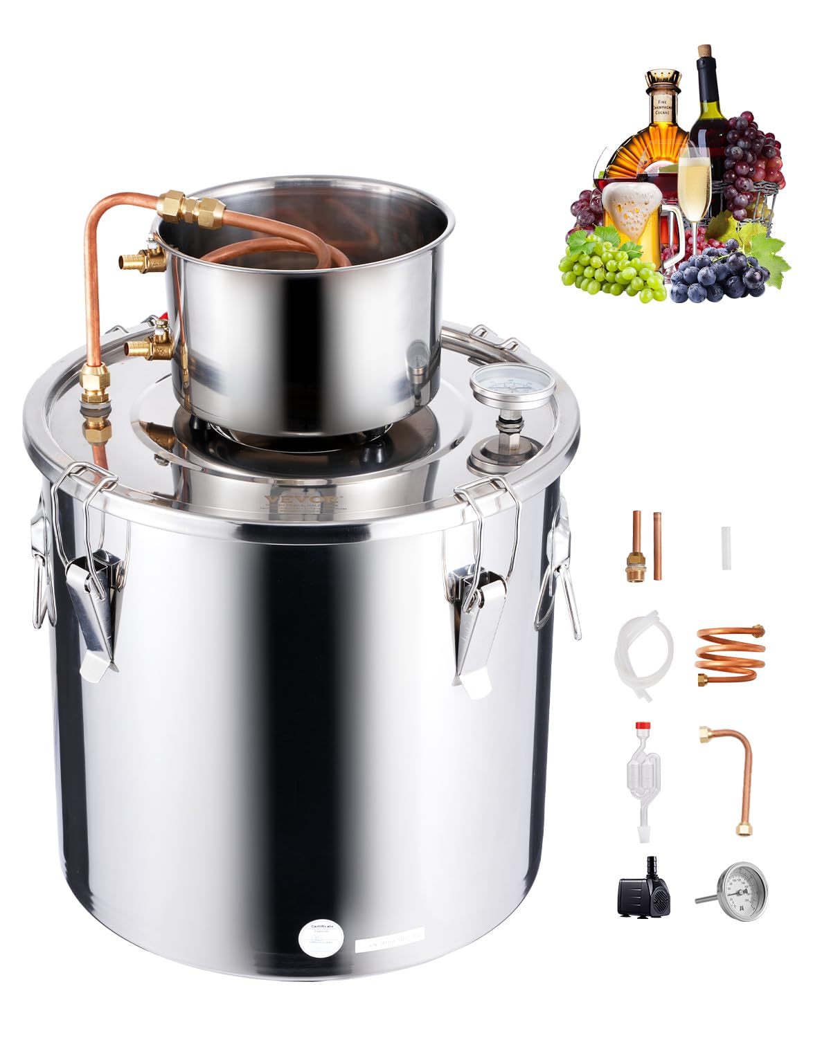 VEVOR Destilador de Alcohol Acero Inoxidable 30 L con Bobina de Cobre, Kit de Fermentación para Cerveza Casera con Termómetro y Bomba
