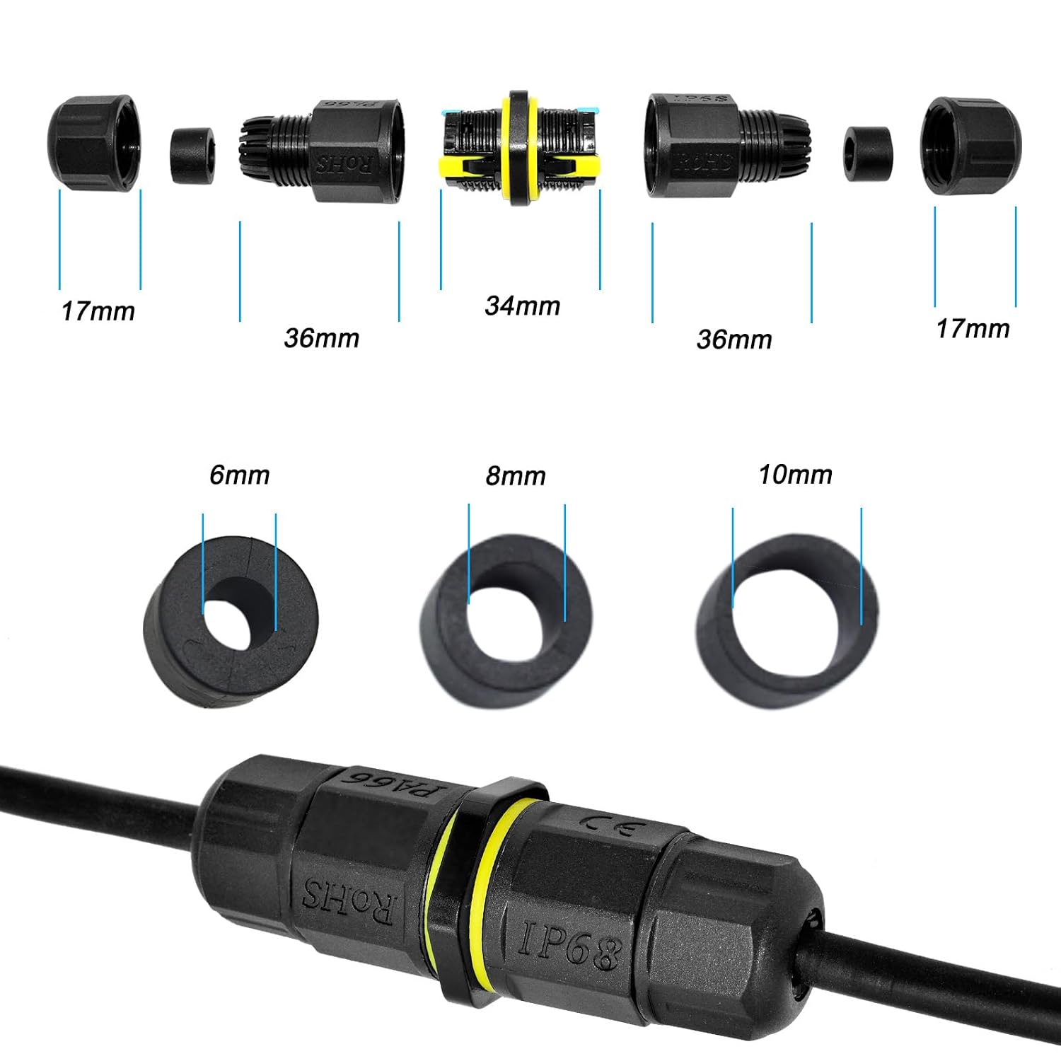 IP68 Waterproof Electrical Wire Connector Flame Retardant 3Pin Screwless Terminals Connector for 6mm/8mm/10mm Wire