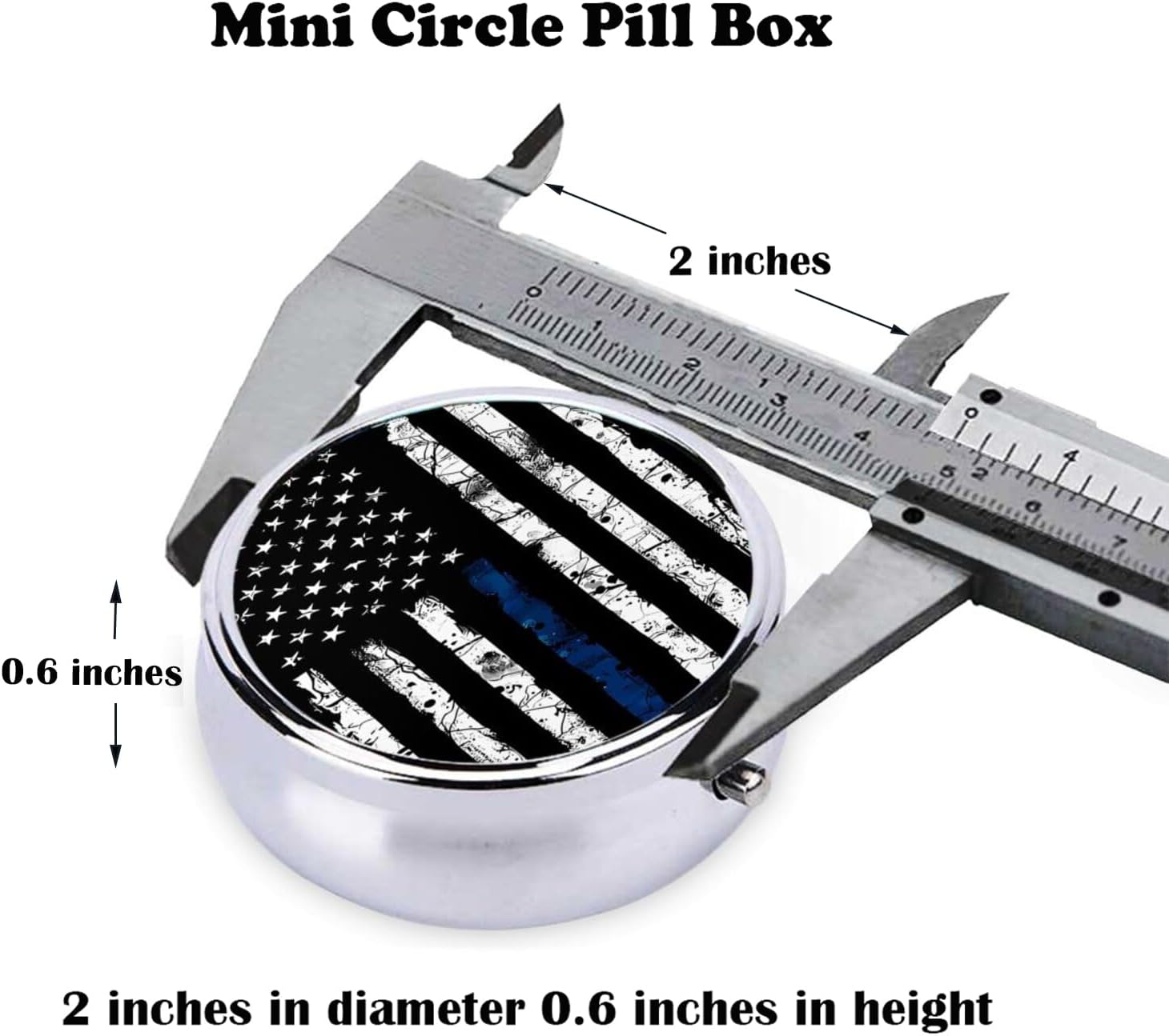 Pill Box, Small Pill Organizer with 3 Compartments and Mirror, Cute Round Portable Travel Metal Pill Case for Pocket or Purse, Privacy-Protecting Medicine Box-Black Blue Tree Leaves American Flag image 4