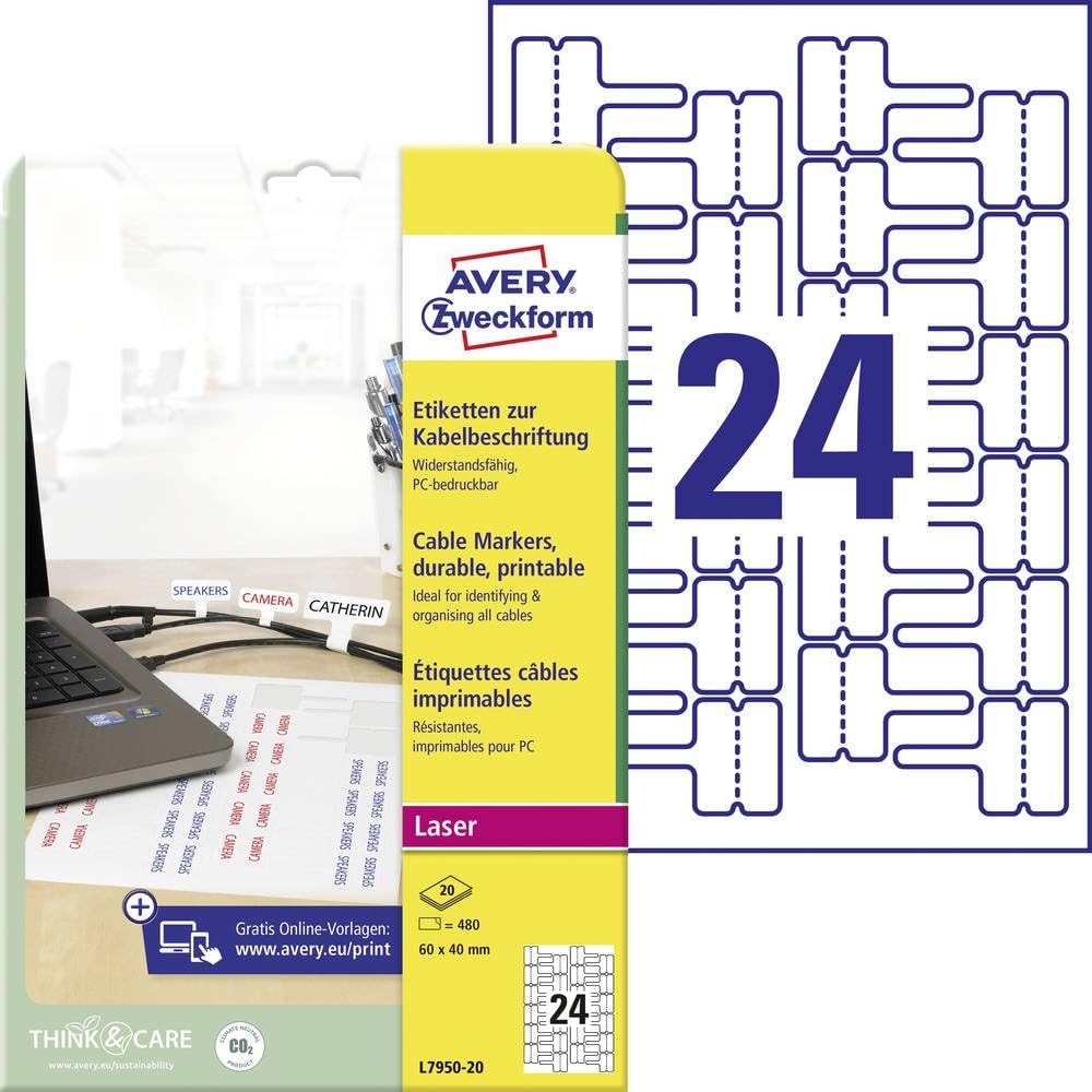 AVERY Zweckform L7950-20 Kabeletiketten 60x40 mm Laser selbstklebend reißfest 480 Aufkleber weiß