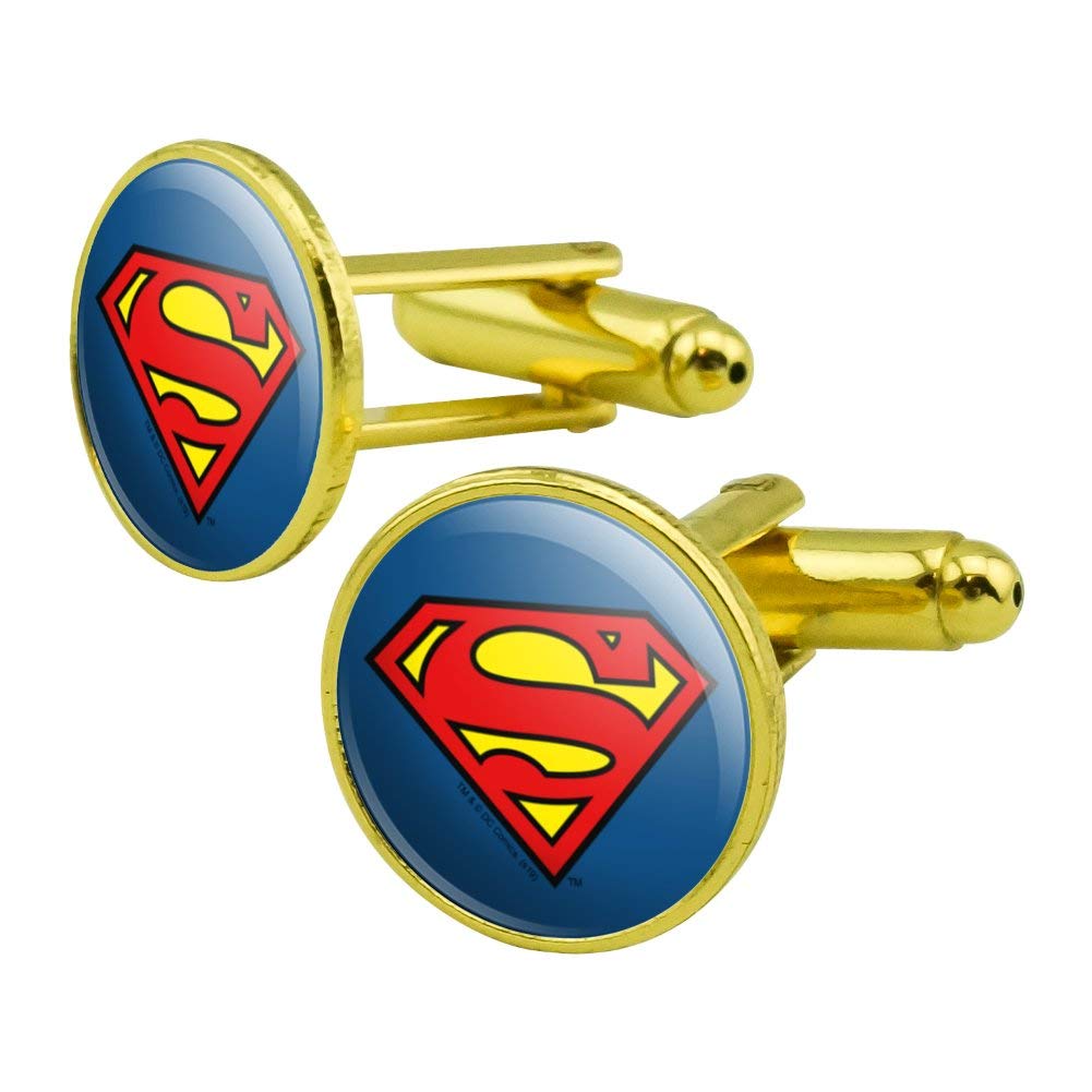 GRAPHICS & MORE Superman Classic S Shield Logo Round Cufflink Set Gold Color