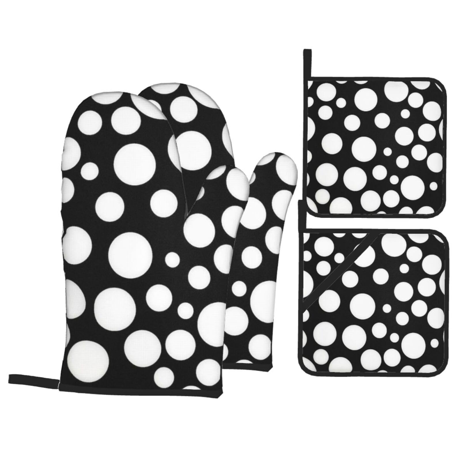 Black And White Polka Dot Print Stylish Heat-Resistant Oven 4-Piece Set Kitchen Gloves Roasting Daily Cooking