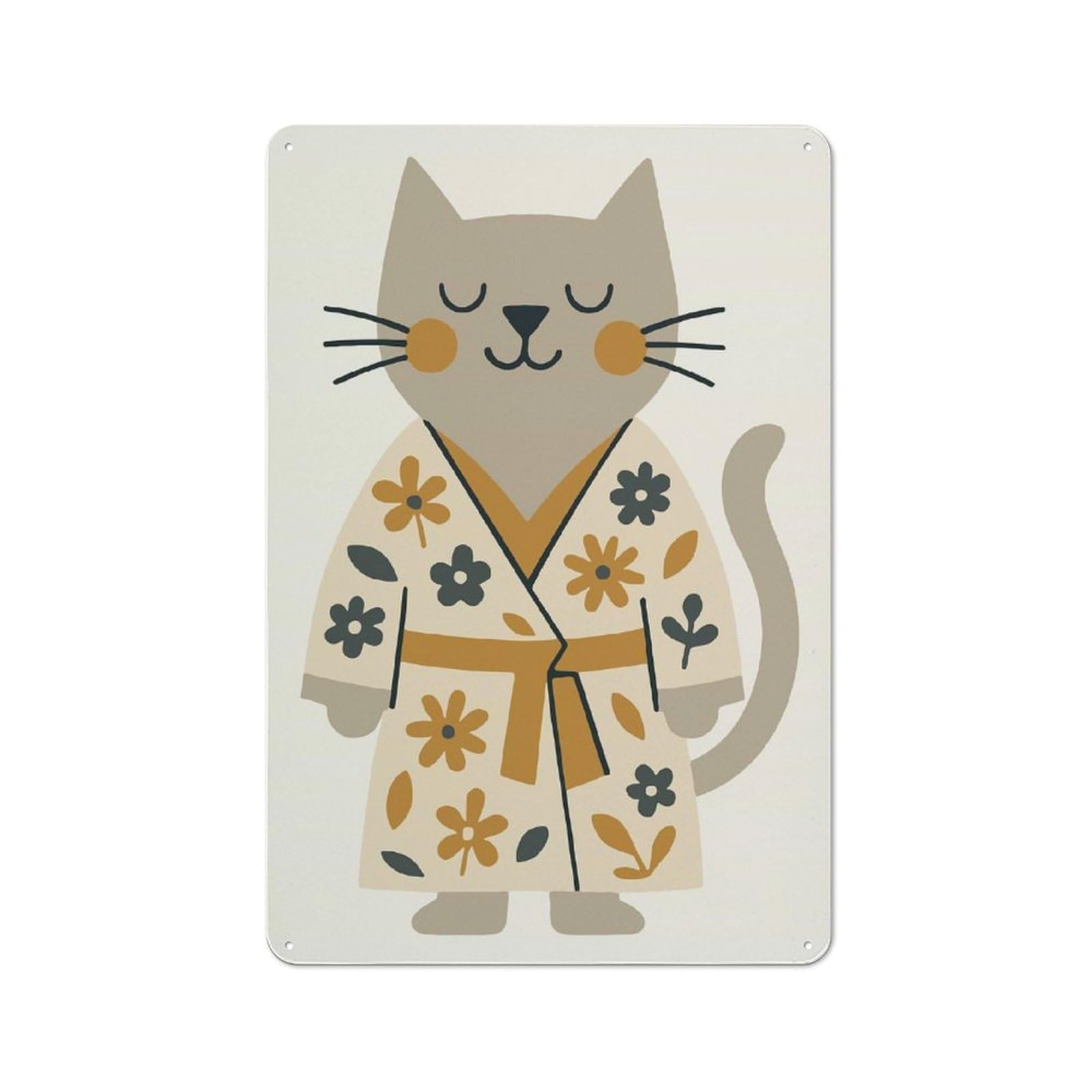 Junmoney Style-22 Vintage Metal Plaque 30X20cm Featuring Cat In Floral Robe Illustration For Hallway Wall, For Wall Display Collectors