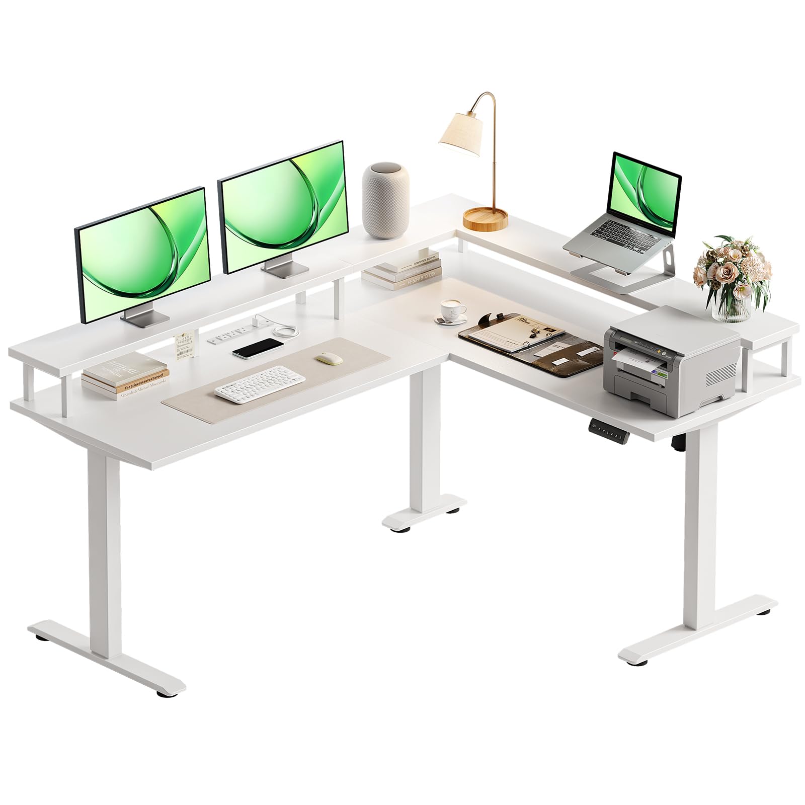AODK Electric L Shaped Standing Desk, 59 Inch Height Adjustable Stand Up Desk with Power Outlets ＆ Full Monitor Stand, Reversible Corner Desk for Home
