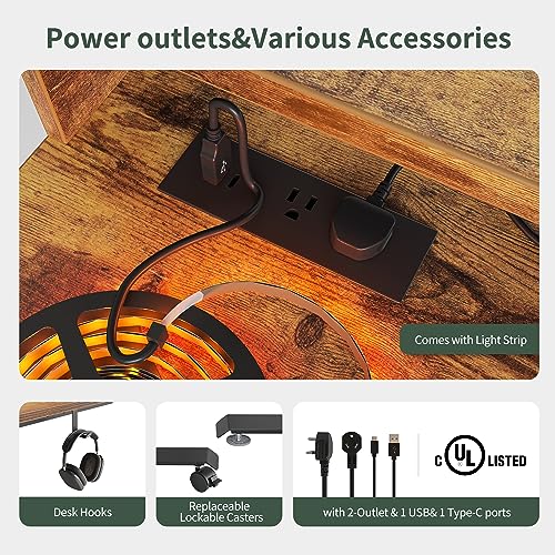 Image of FEZIBO L Shaped Standing Desk with Arc LED & Power Outlet, Exclusive Uprated 3 Motors Support 330LBS, Electric Height Adjustable L Shaped Desk with Large Monitor Stand, for Home Office, Rustic Brown