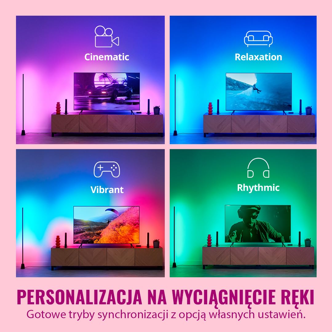 WiZ HDMI Sync Box z taśmą LED do TV, Synchronizuje światło z filmami, HDMI 2.0 Obsługuje 4K przy 60 Hz, Taśma LED RGBIC do telewizorów 55-65 cali, Sterowanie Aplikacją/Głosowe, Działa z Google i Alexą