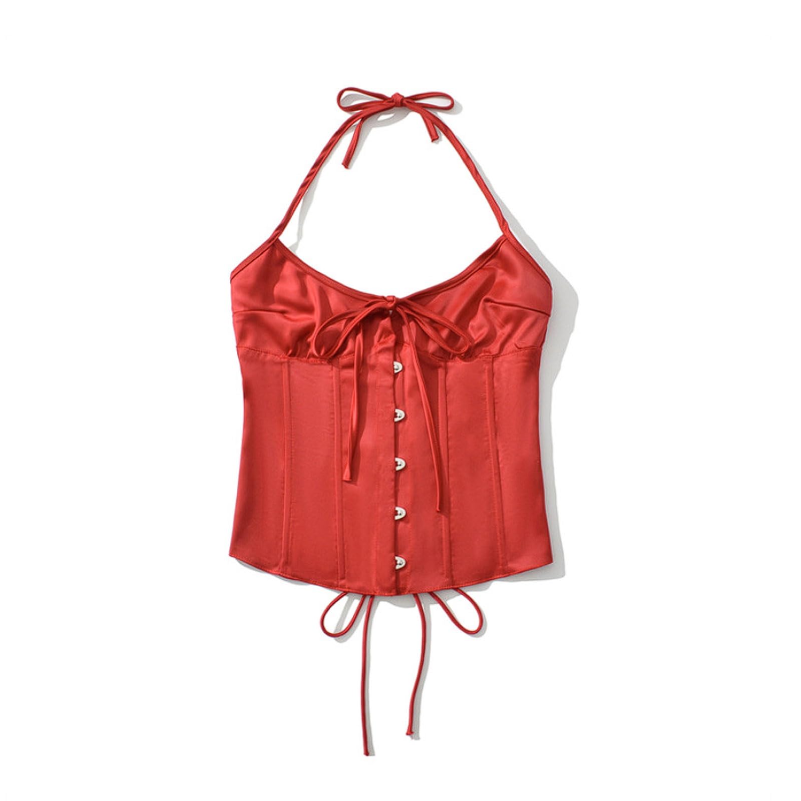 Primavera Verano Color Sólido Espalda Correa Cruzada Camisola Ahuecada Top Cuello Halter con Hebillas Delanteras y Lazo Trasero