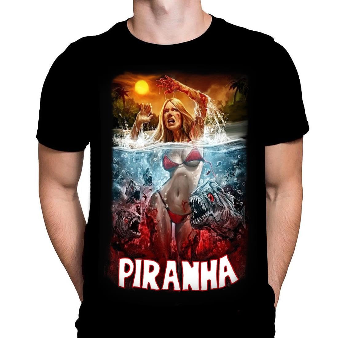 Piranha Mens T-Shirt Gothic Horror Print, Black Cotton T-Shirt, Movie Poster Tee