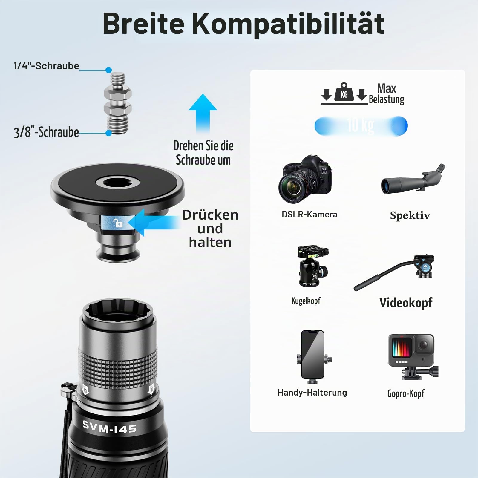 SIRUI SVM-145 Carbon Fiber Monopod mit Rapid System | 3-in-1 Modulares Einbeinstativ, 145cm, 10kg Traglast | Schnellverstellung & Schnellwechsel für DSLR & Video
