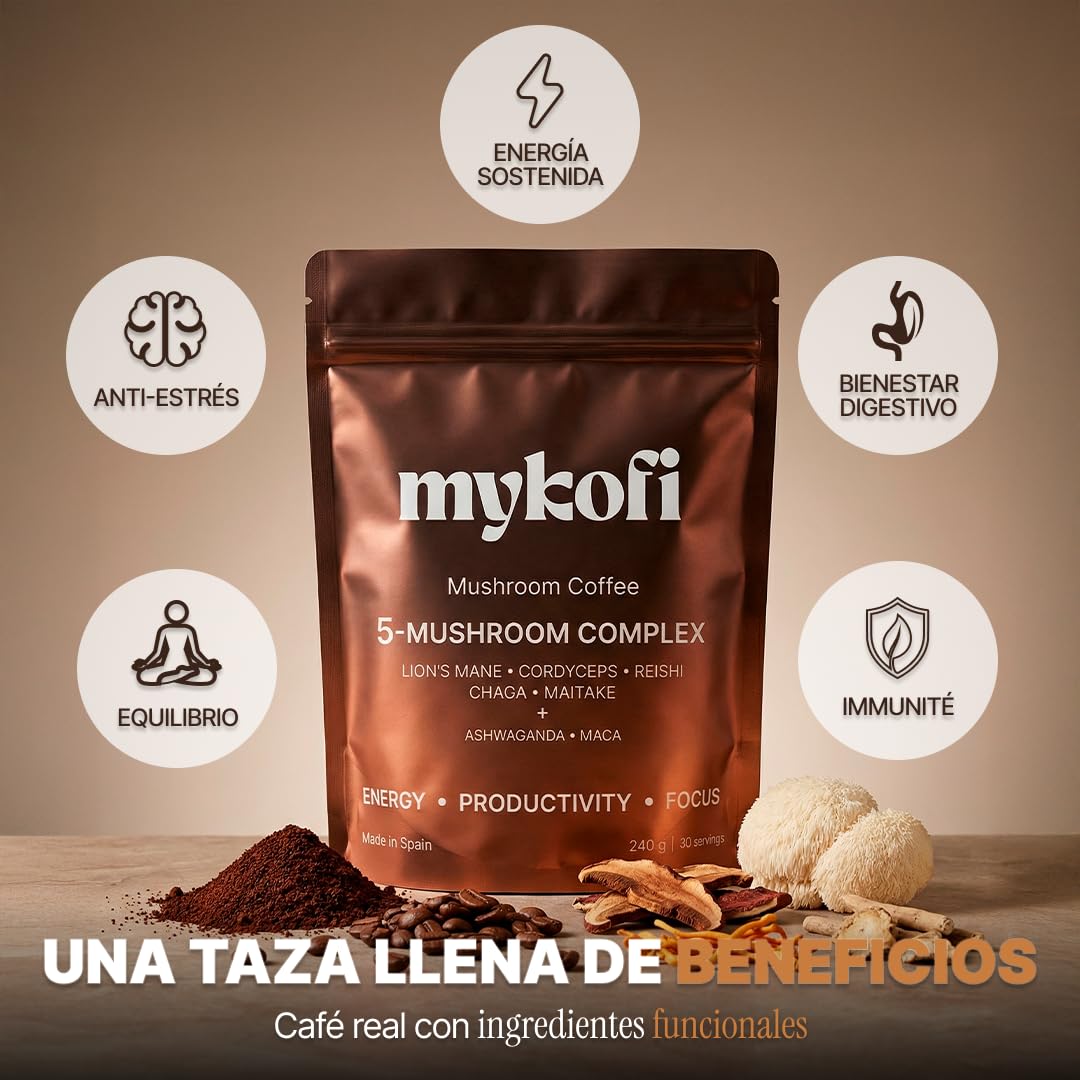 MYKOFI Café con Hongos Funcionales - Café Soluble con Melena de León, Cordyceps, Chaga, Reishi, Maitake, Maca y Ashwagandha - Energía Natural y Enfoque