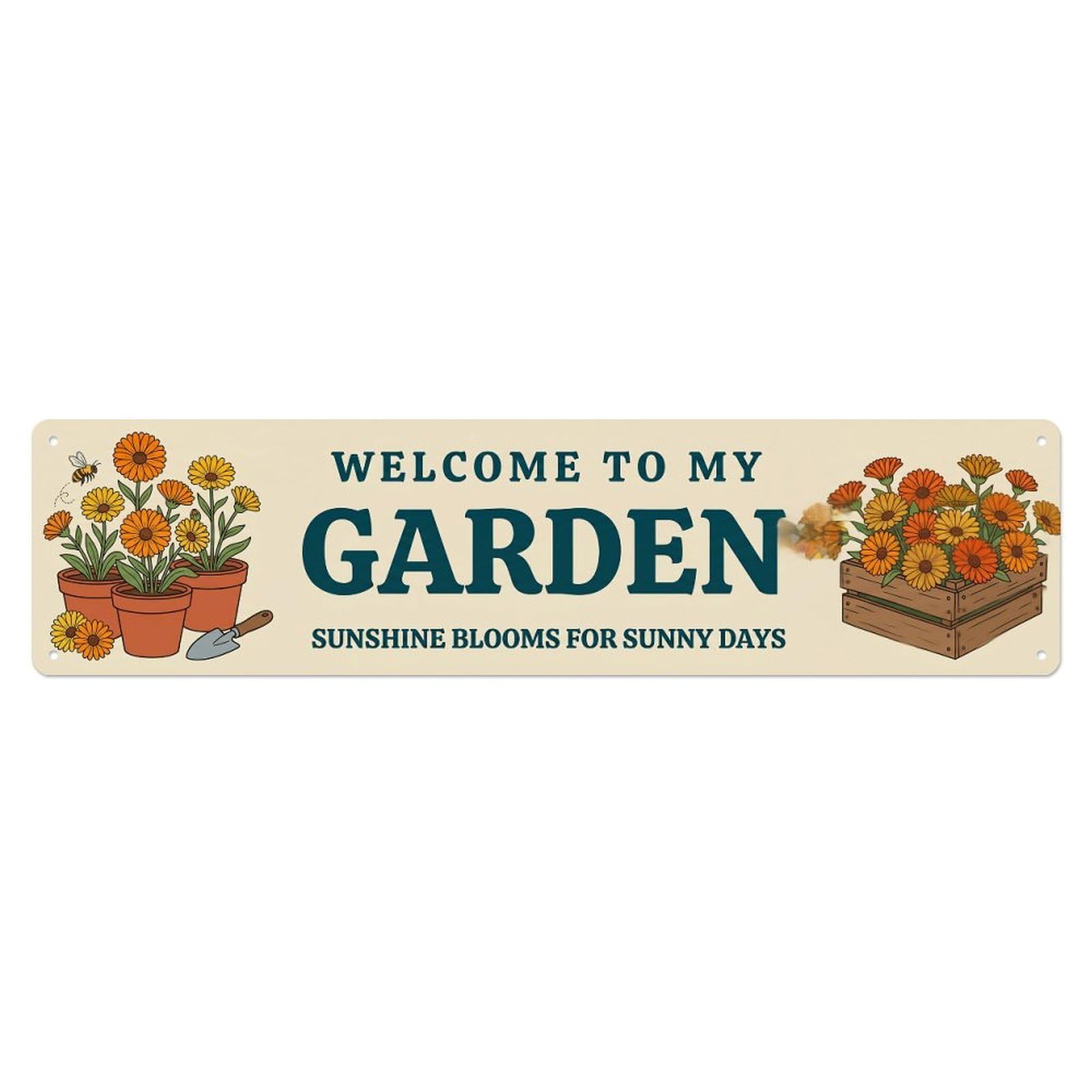 Retro Garden Welcome Calendula Orange Pots Metal Tin Sign